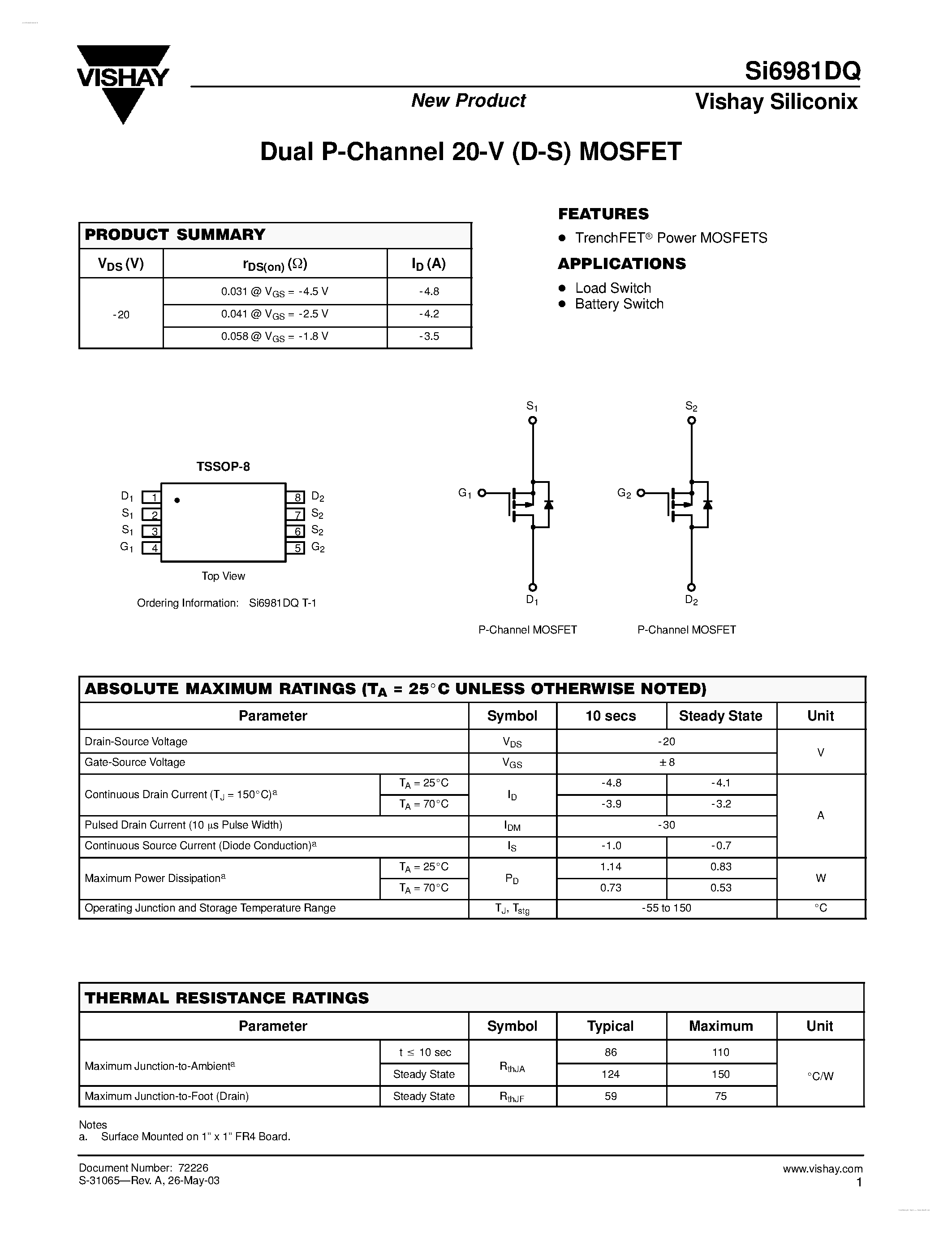 Даташит на микросхему SI6981DQ страница 1 Даташит SI6981DQ - Dual P-Channel 20-V (D-S) MOSFET страница 1