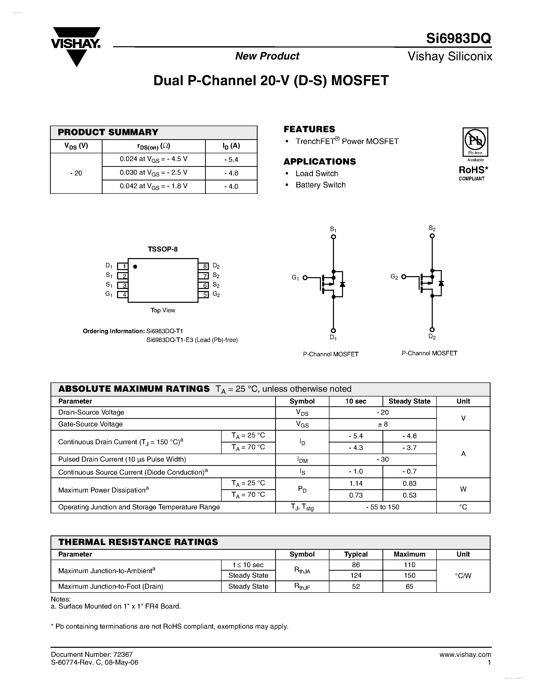 Даташит на микросхему SI6983DQ страница 1 Даташит SI6983DQ - Dual P-Channel 20-V (D-S) MOSFET страница 1