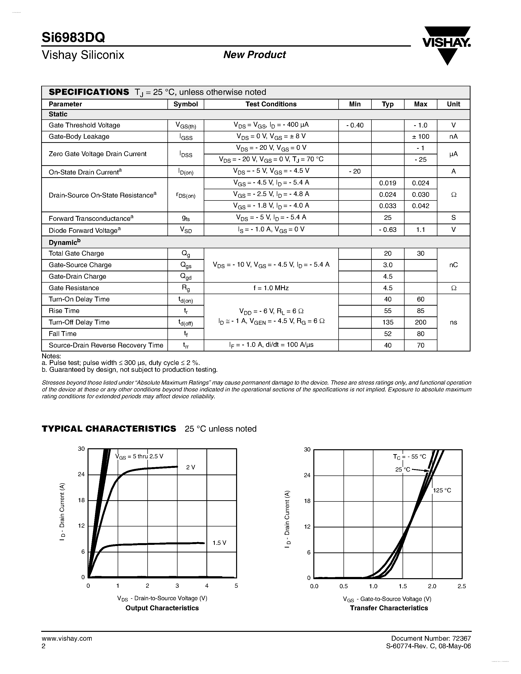 Даташит на микросхему SI6983DQ страница 2 Даташит SI6983DQ - Dual P-Channel 20-V (D-S) MOSFET страница 2
