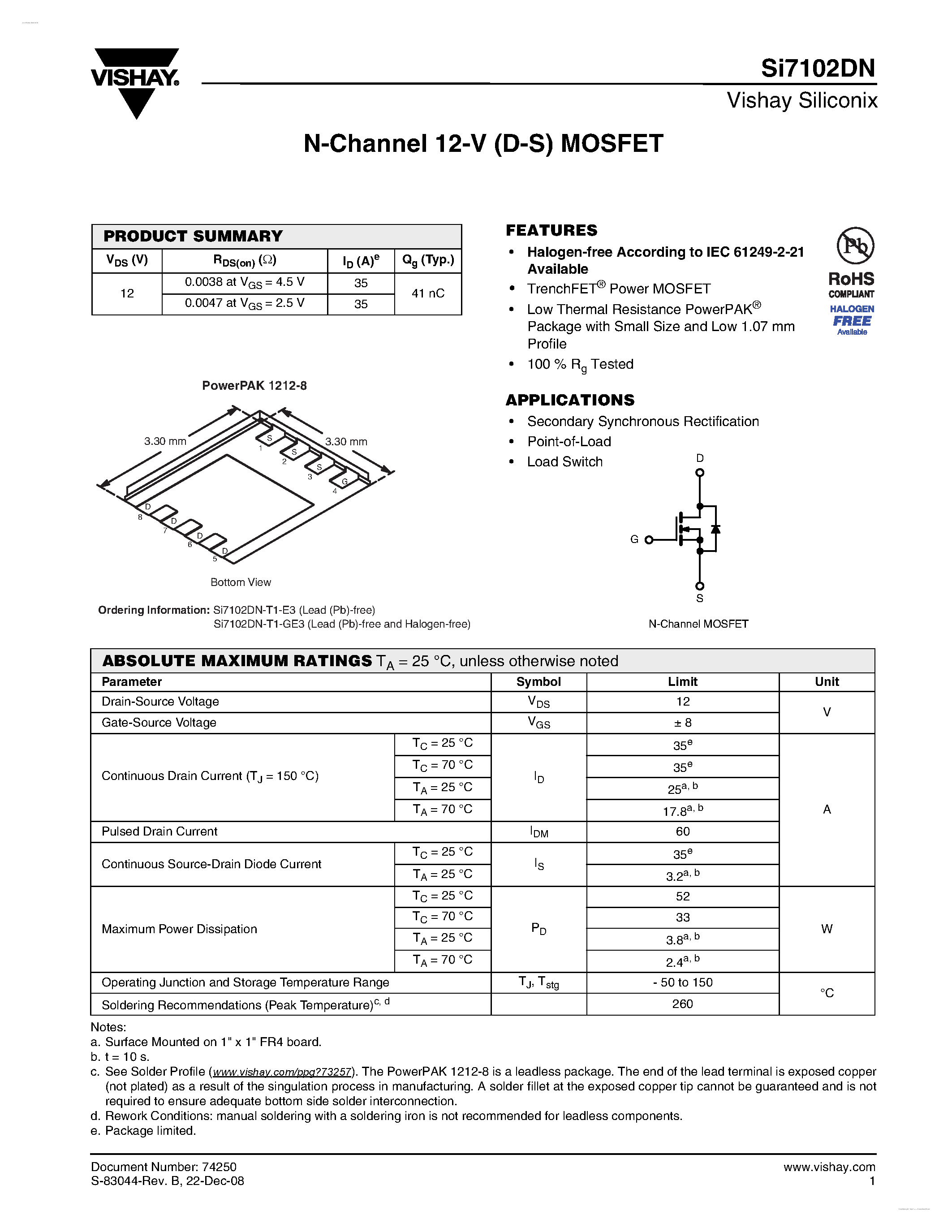 Даташит SI7102DN - N-Channel 12-V (D-S) MOSFET страница 1