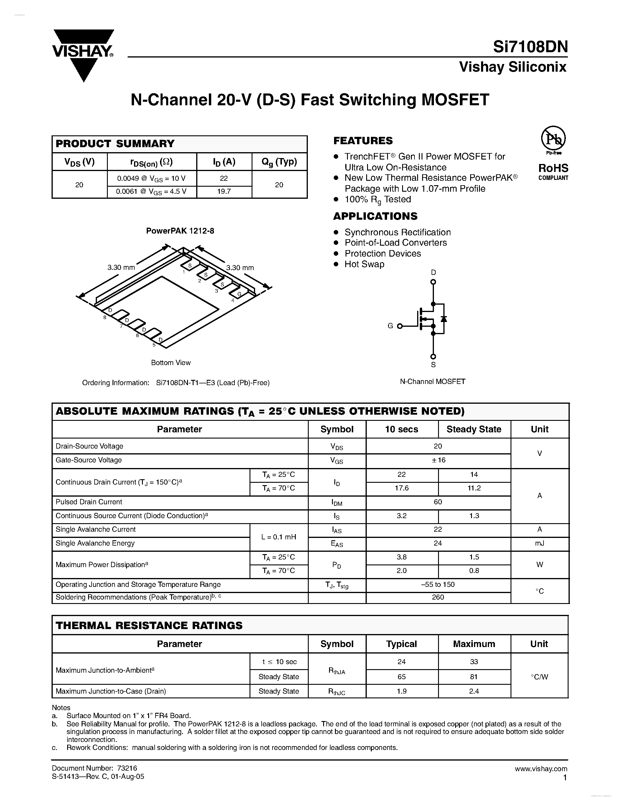 Даташит SI7108DN - N-Channel 20-V (D-S) Fast Switching MOSFET страница 1