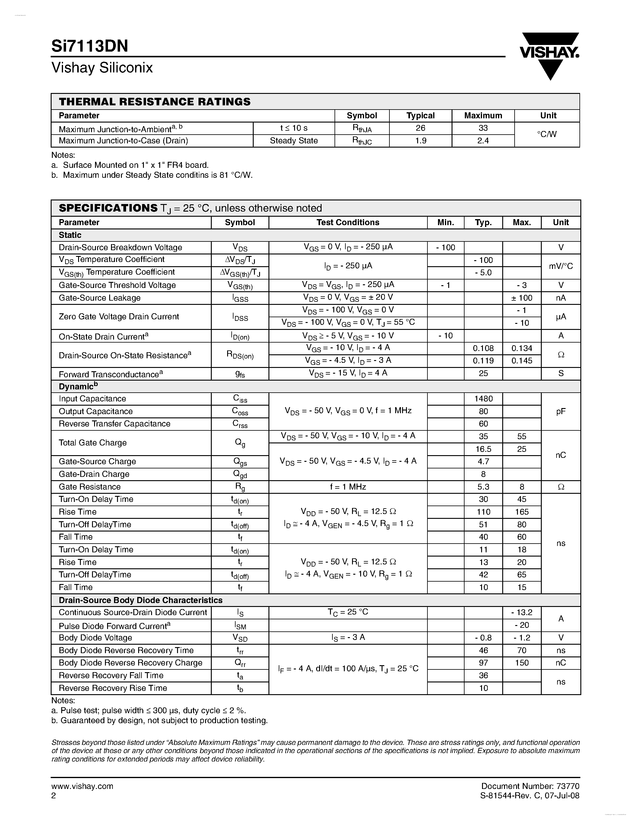 Datasheet SI7113DN - P-Channel 100-V (D-S) MOSFET page 2