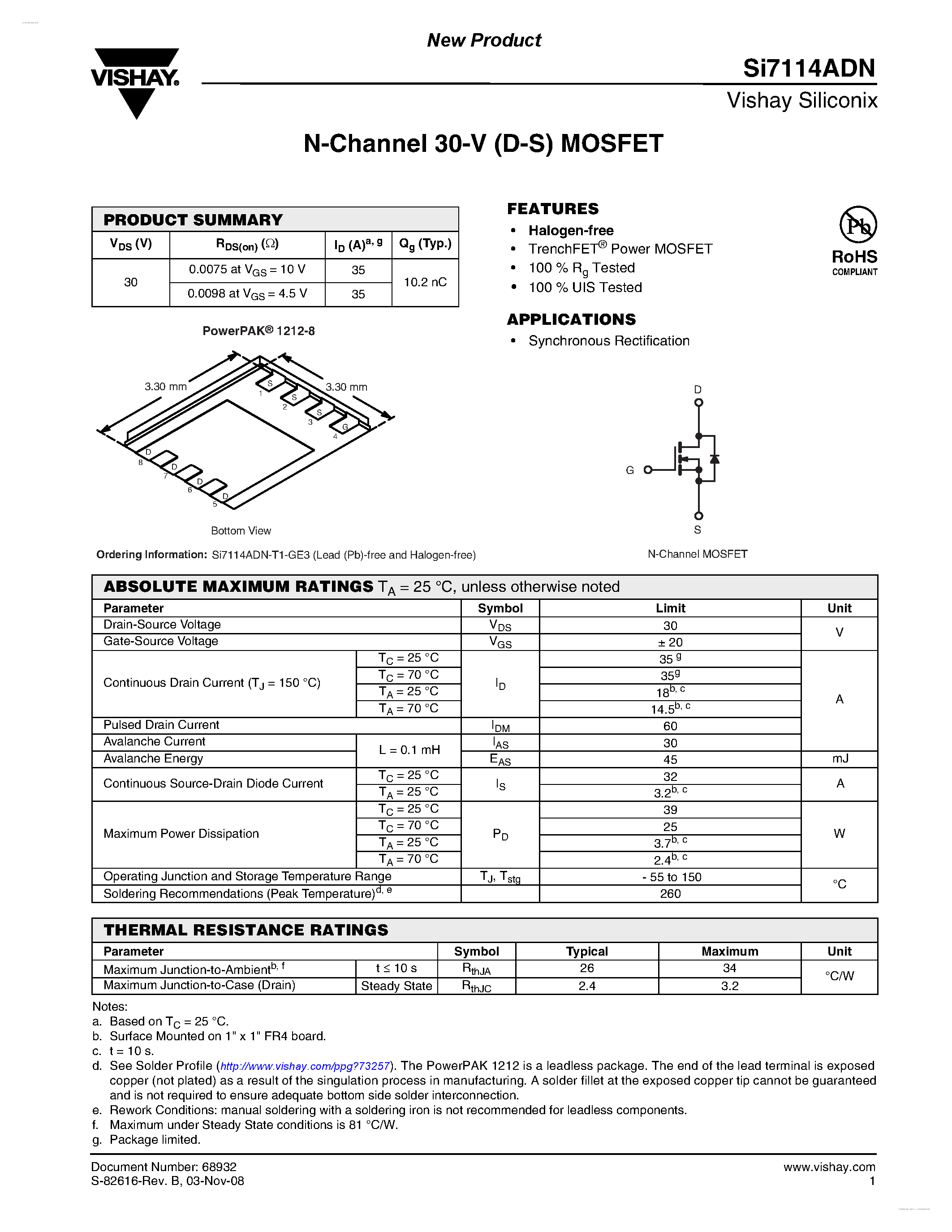 Даташит SI7114ADN - N-Channel 30-V (D-S) MOSFET страница 1