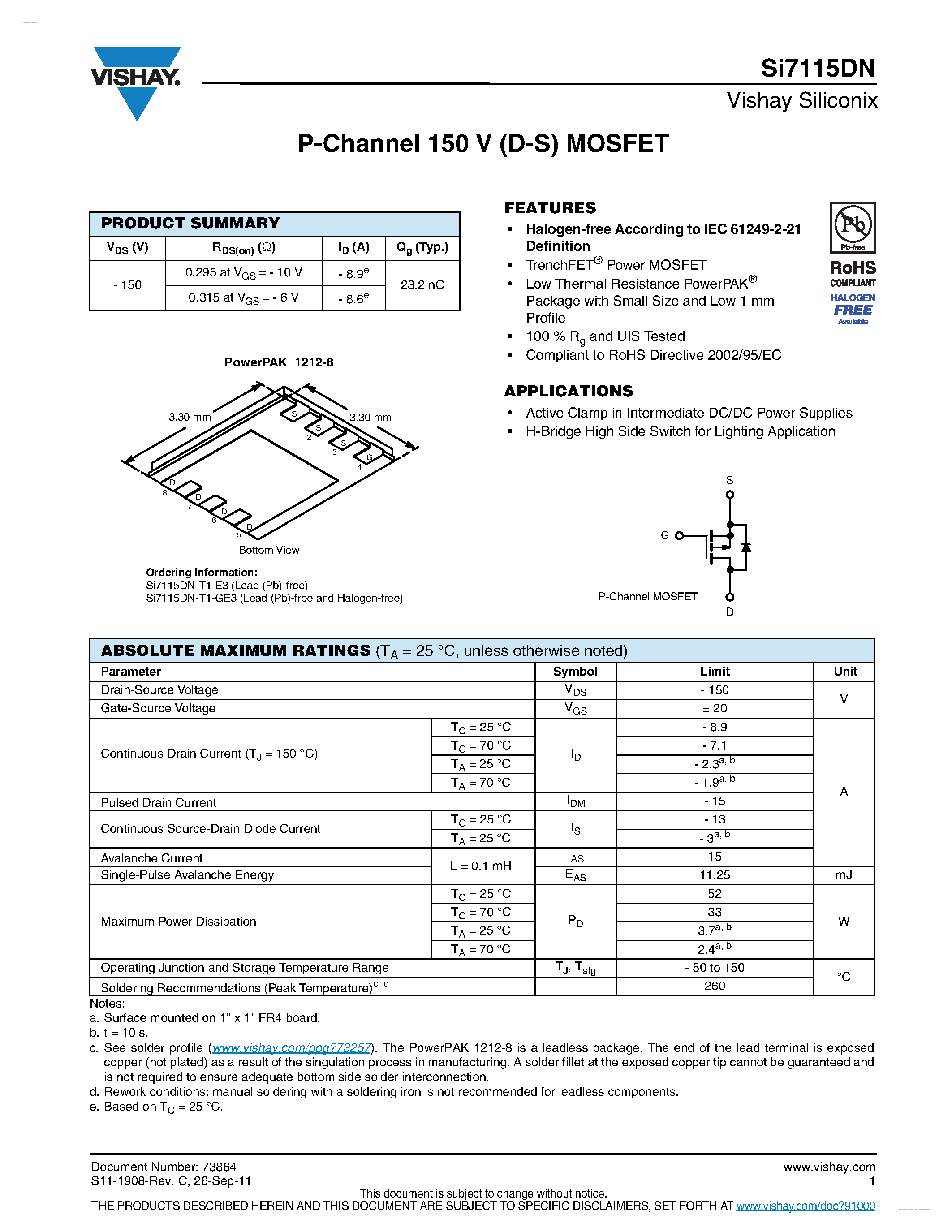 Даташит на микросхему SI7115DN страница 1 Даташит SI7115DN - P-Channel 150-V (D-S) MOSFET страница 1