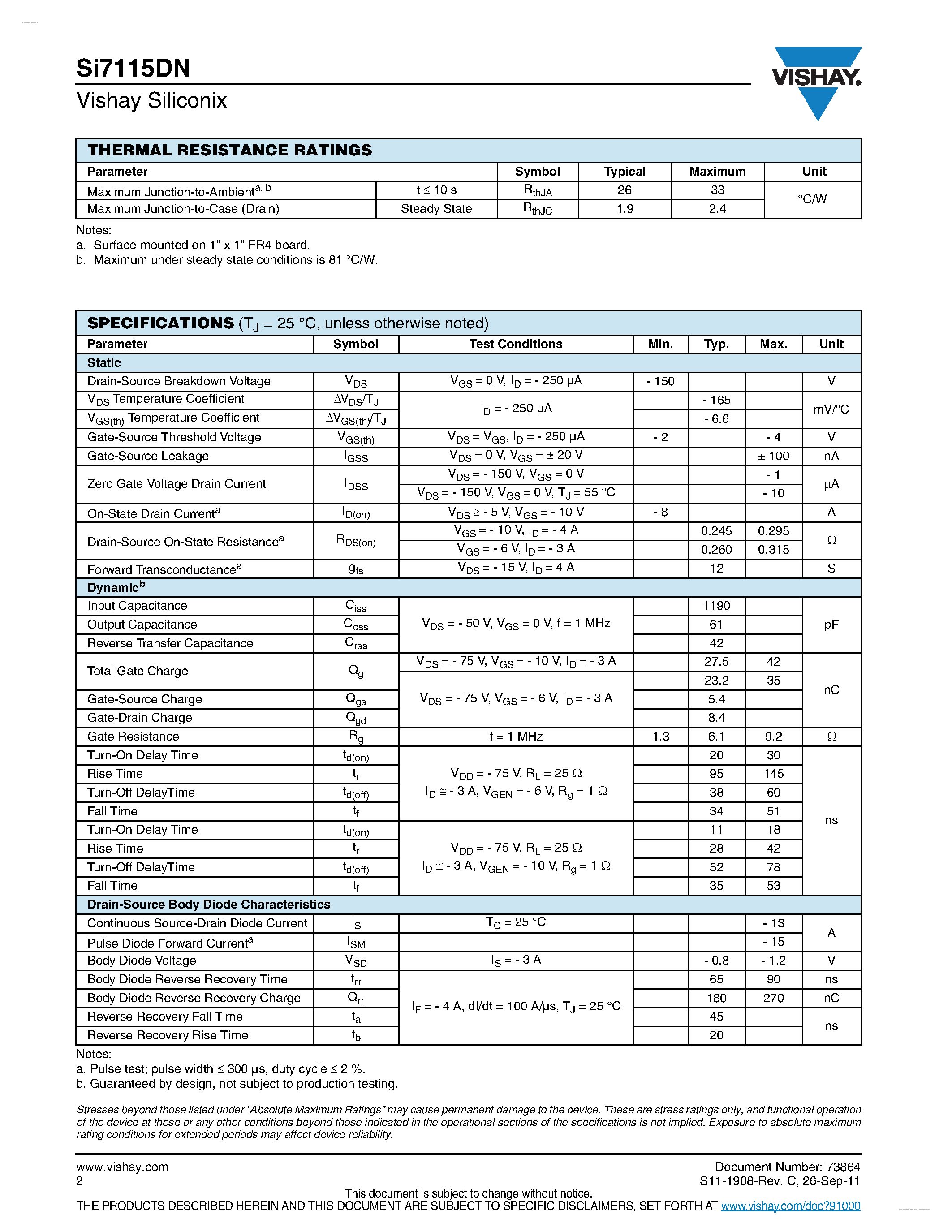 Даташит на микросхему SI7115DN страница 2 Даташит SI7115DN - P-Channel 150-V (D-S) MOSFET страница 2