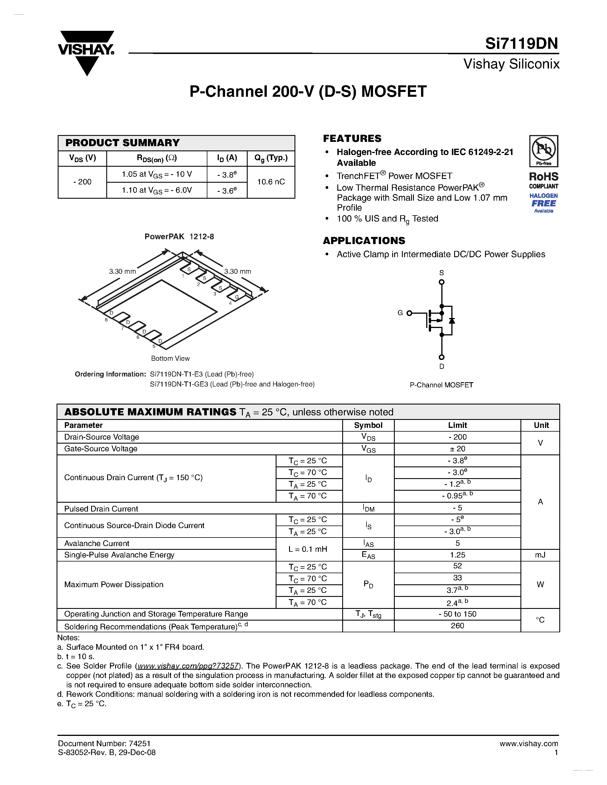 Даташит на микросхему SI7119DN страница 1 Даташит SI7119DN - P-Channel 200-V (D-S) MOSFET страница 1