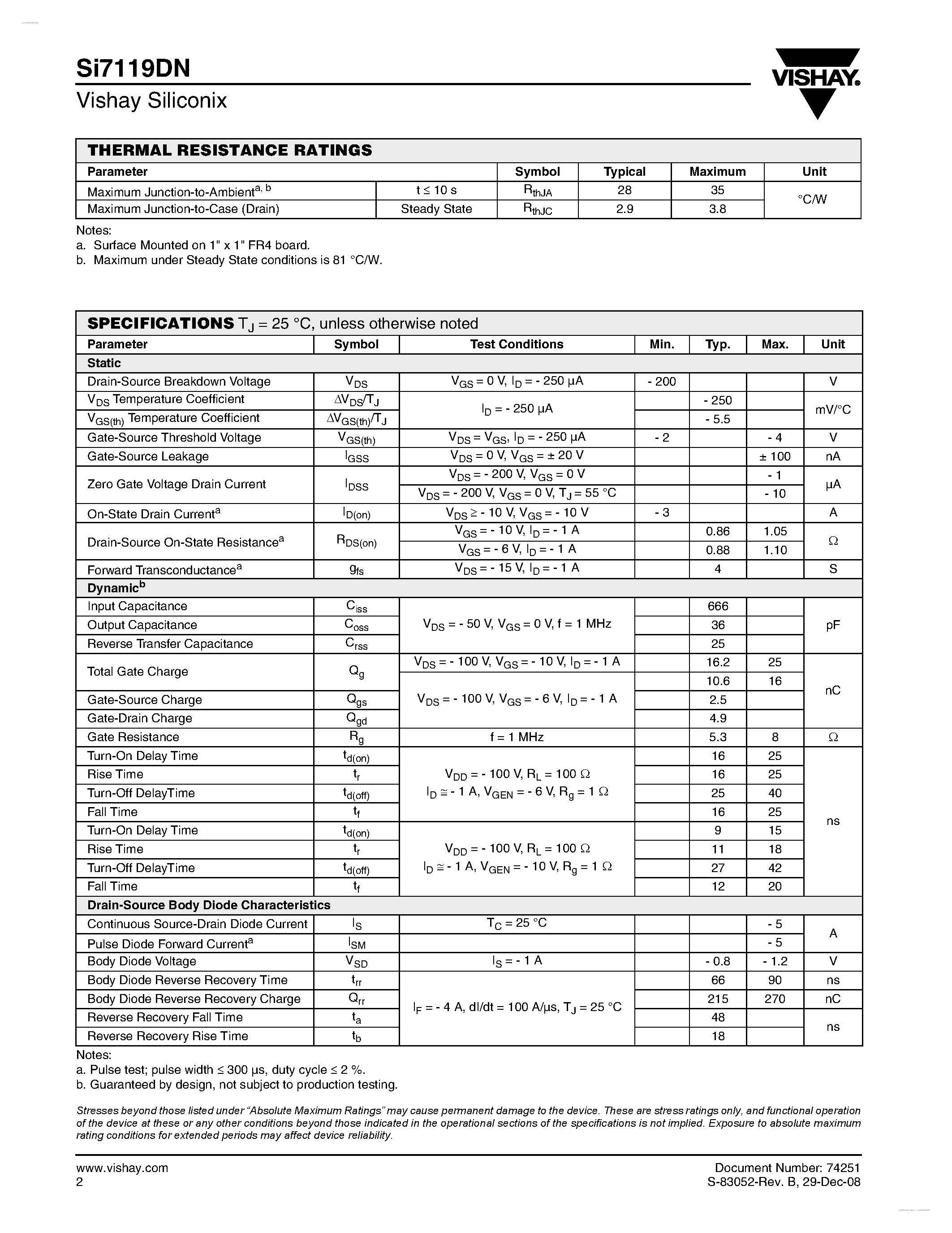 Даташит на микросхему SI7119DN страница 2 Даташит SI7119DN - P-Channel 200-V (D-S) MOSFET страница 2