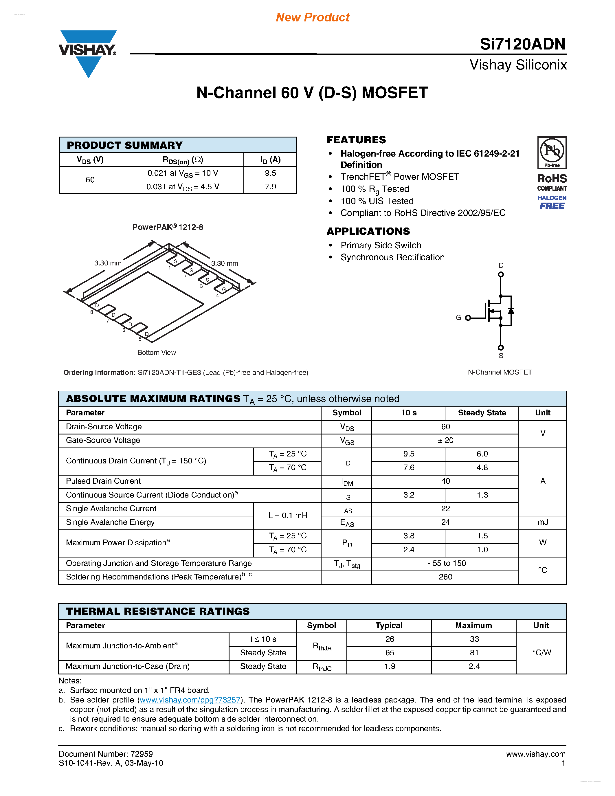 Даташит SI7120ADN - N-Channel 60 V (D-S) MOSFET страница 1