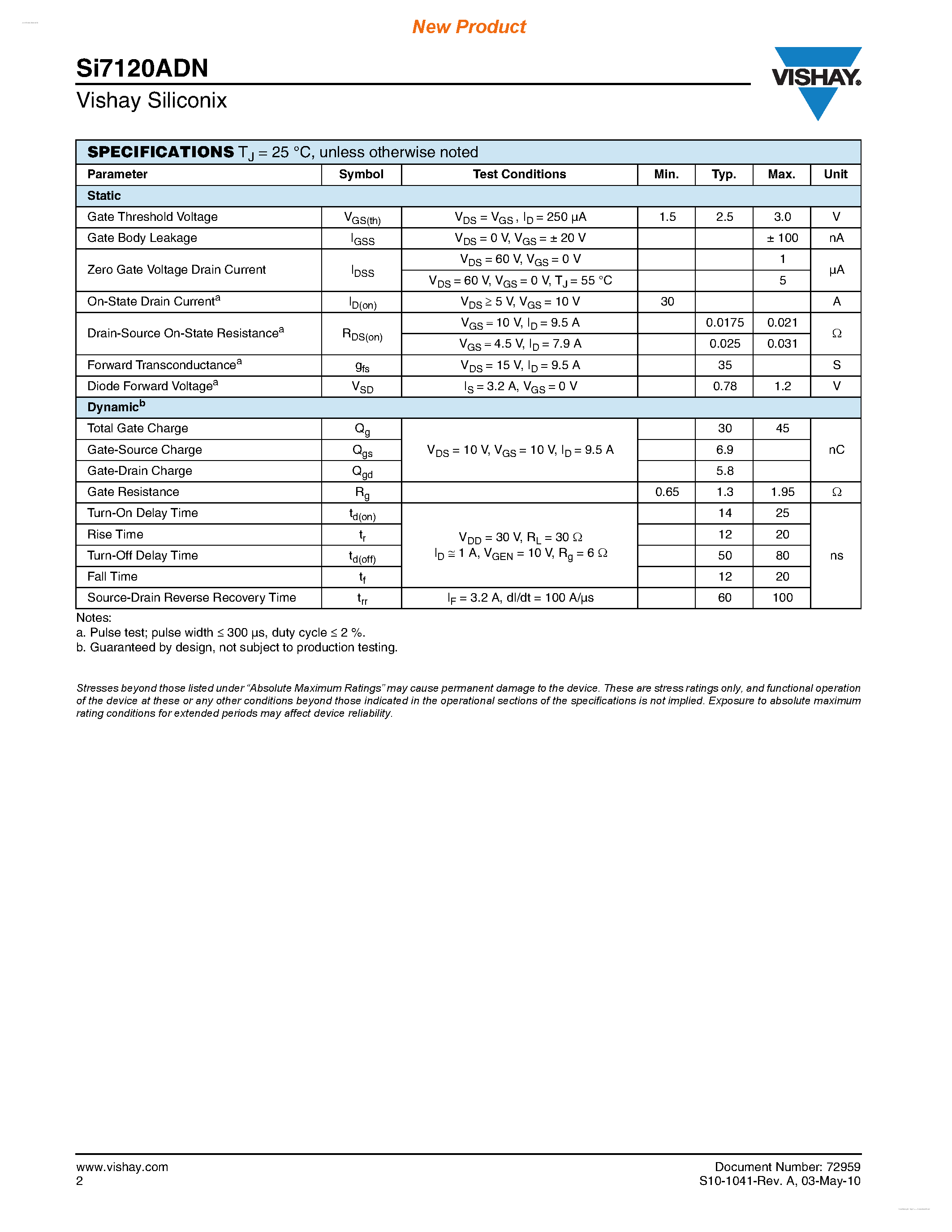 Даташит SI7120ADN - N-Channel 60 V (D-S) MOSFET страница 2