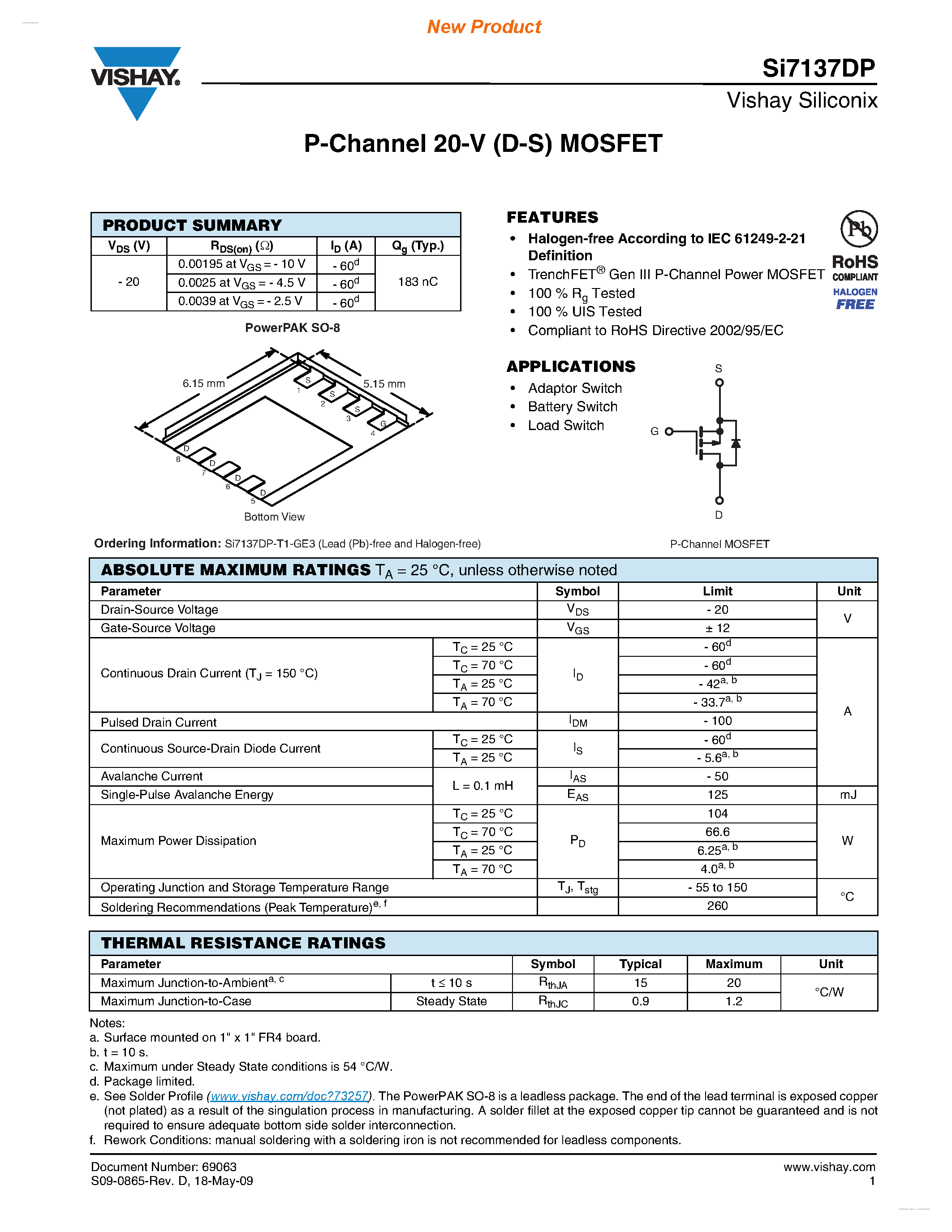Даташит на микросхему SI7137DP страница 1 Даташит SI7137DP - P-Channel 20-V (D-S) MOSFET страница 1