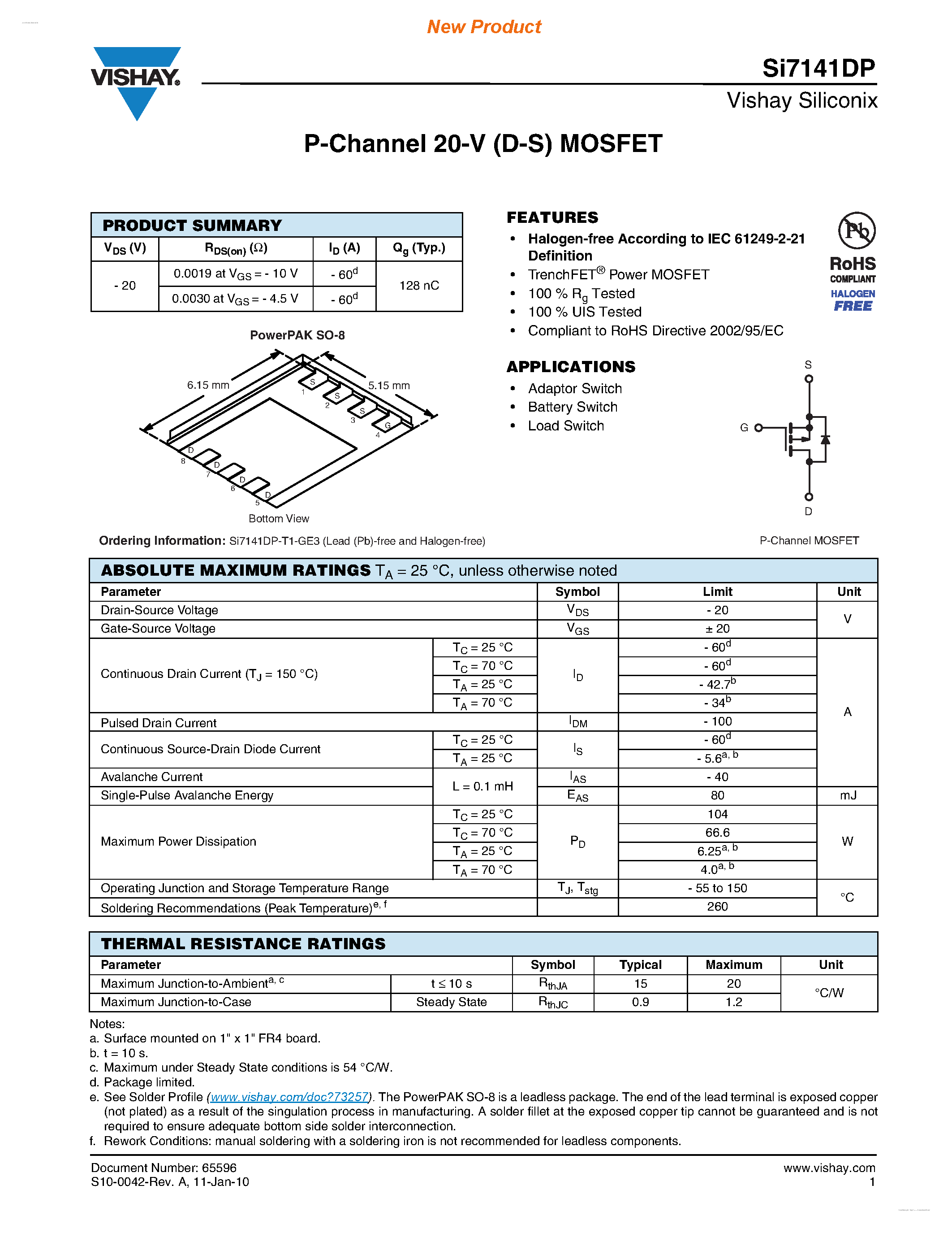 Даташит на микросхему SI7141DP страница 1 Даташит SI7141DP - P-Channel 20-V (D-S) MOSFET страница 1