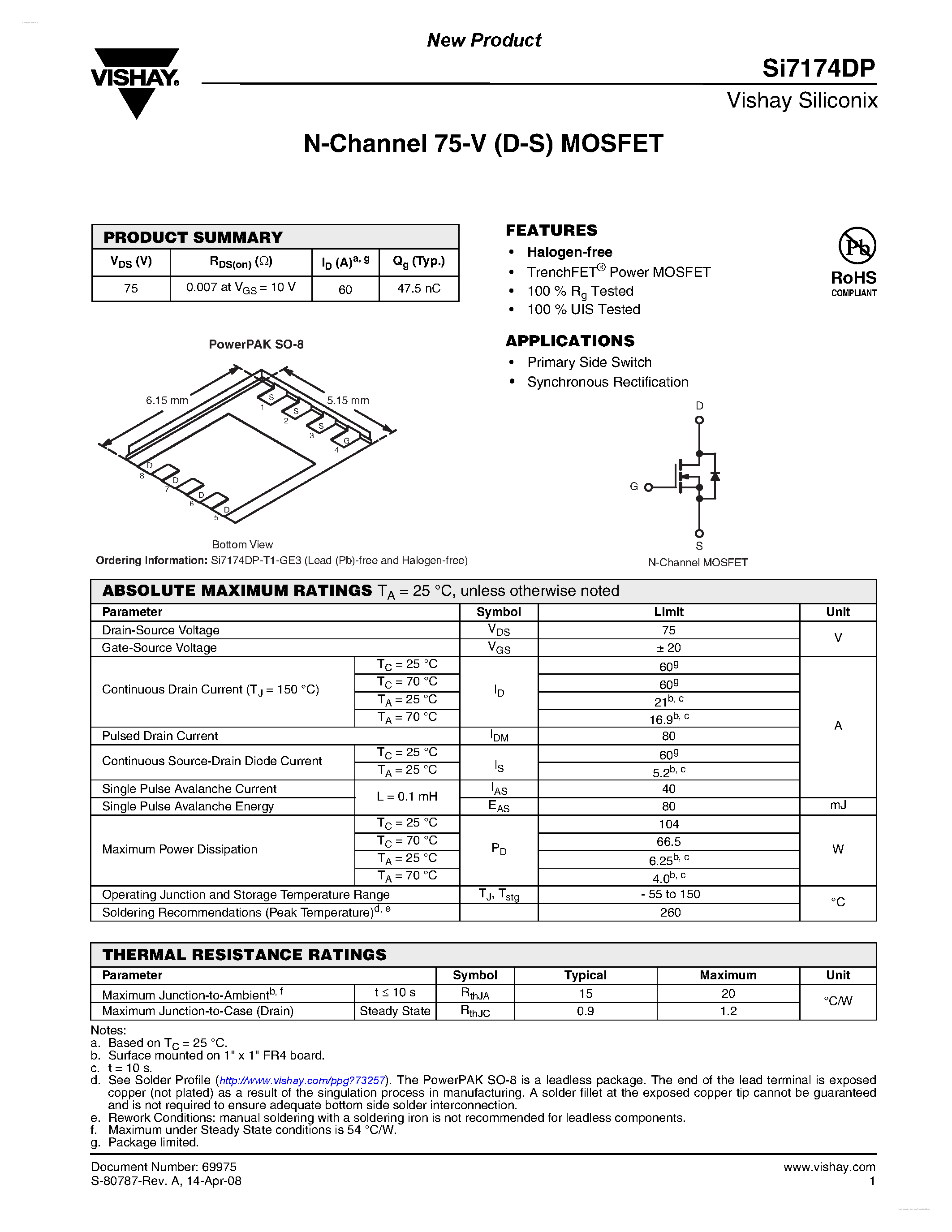 Даташит SI7174DP - N-Channel 75-V (D-S) MOSFET страница 1