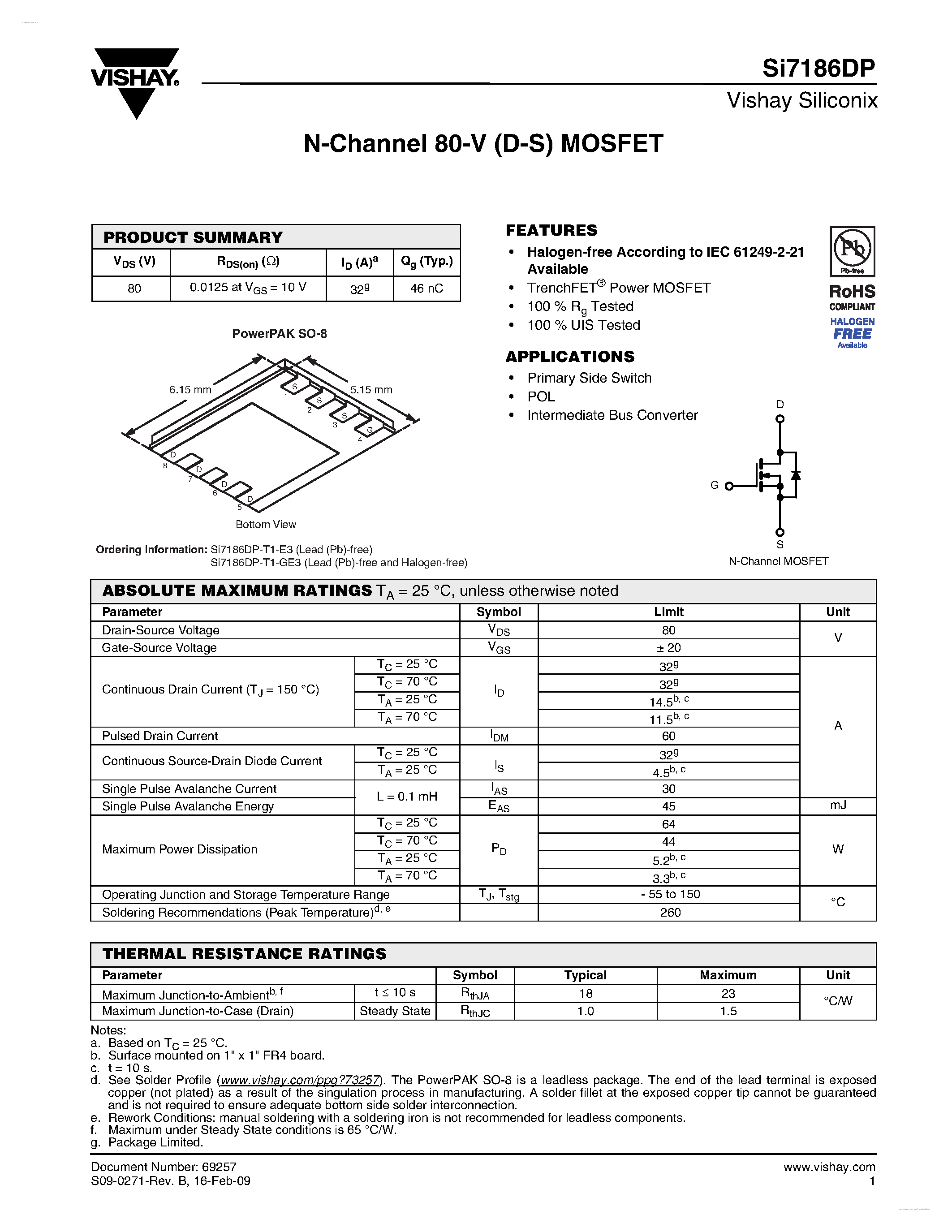 Даташит SI7186DP - N-Channel 80-V (D-S) MOSFET страница 1