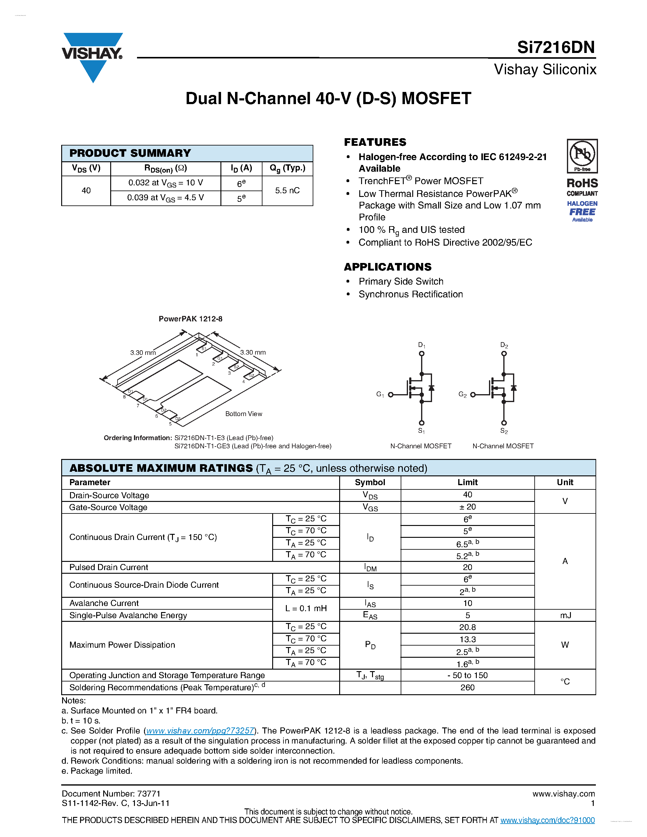 Даташит SI7216DN - Dual N-Channel 40-V (D-S) MOSFET страница 1