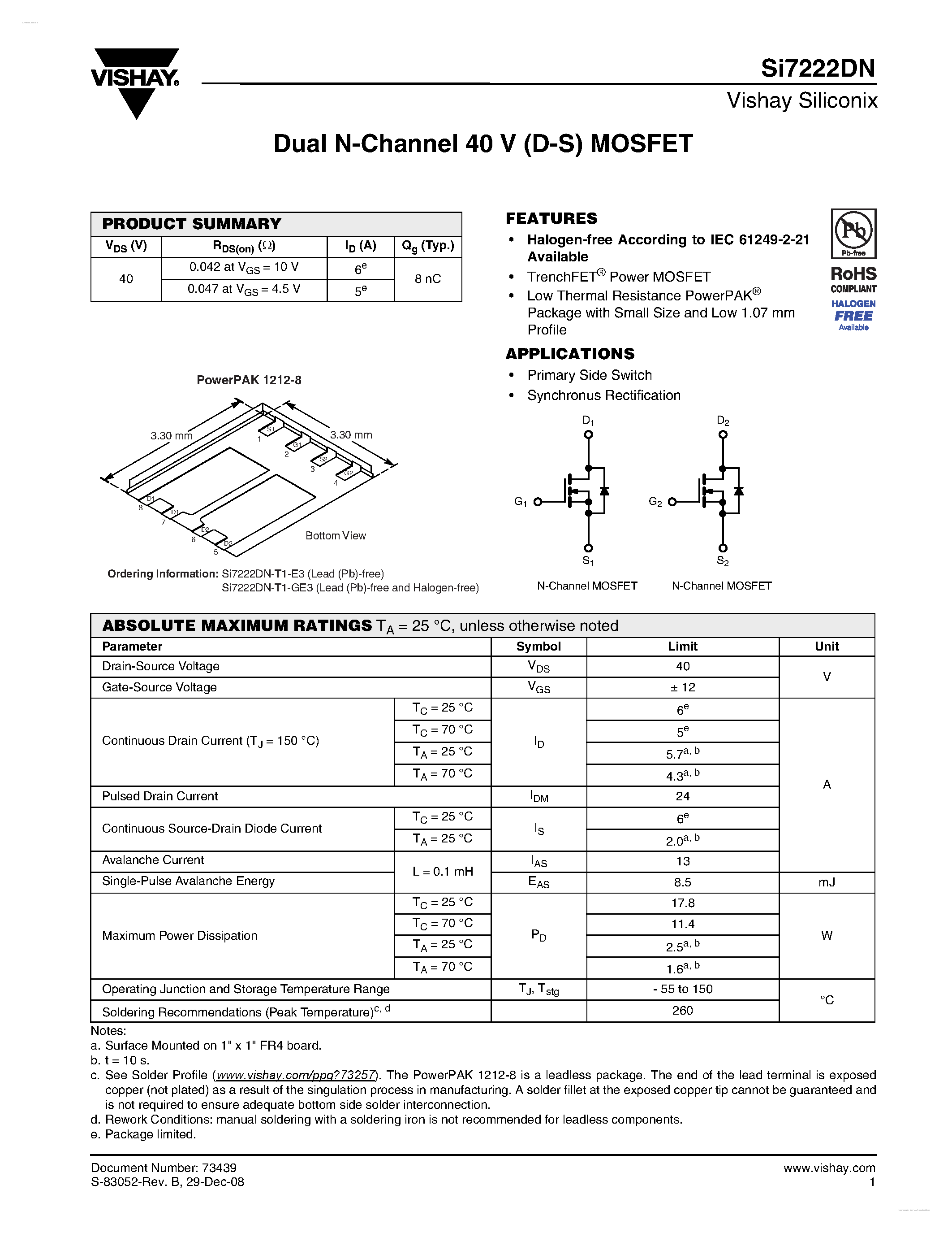 Даташит SI7222DN - Dual N-Channel 40 V (D-S) MOSFET страница 1