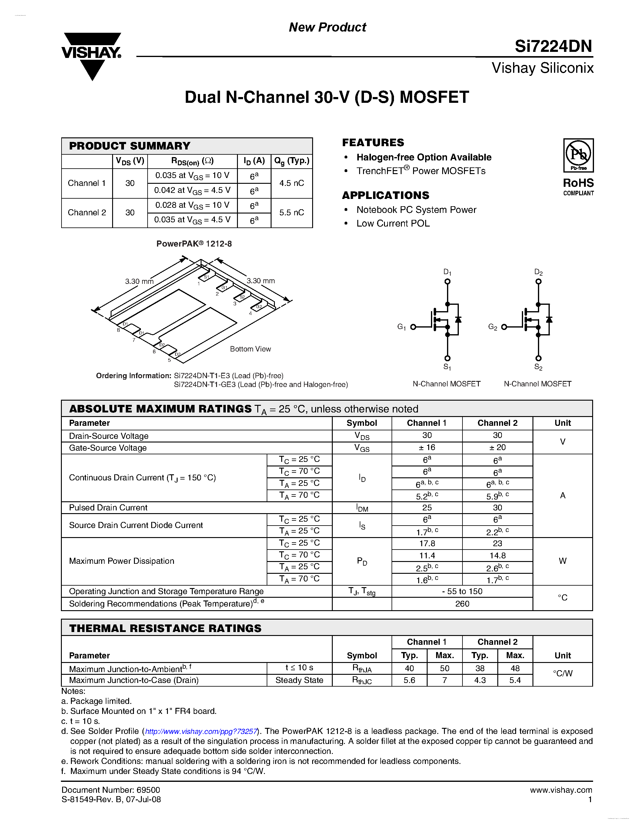 Даташит SI7224DN - Dual N-Channel 30-V (D-S) MOSFET страница 1