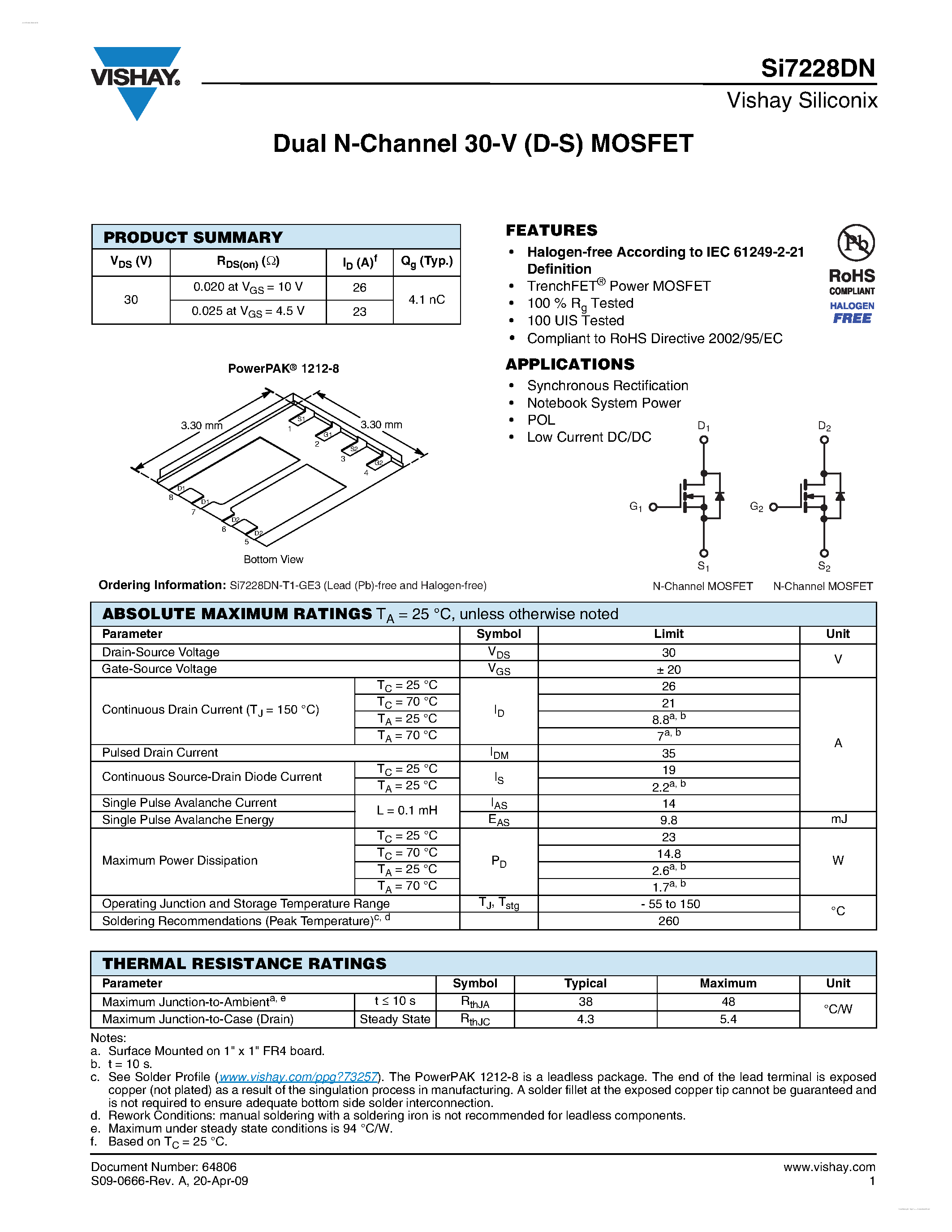 Даташит SI7228DN - Dual N-Channel 30-V (D-S) MOSFET страница 1