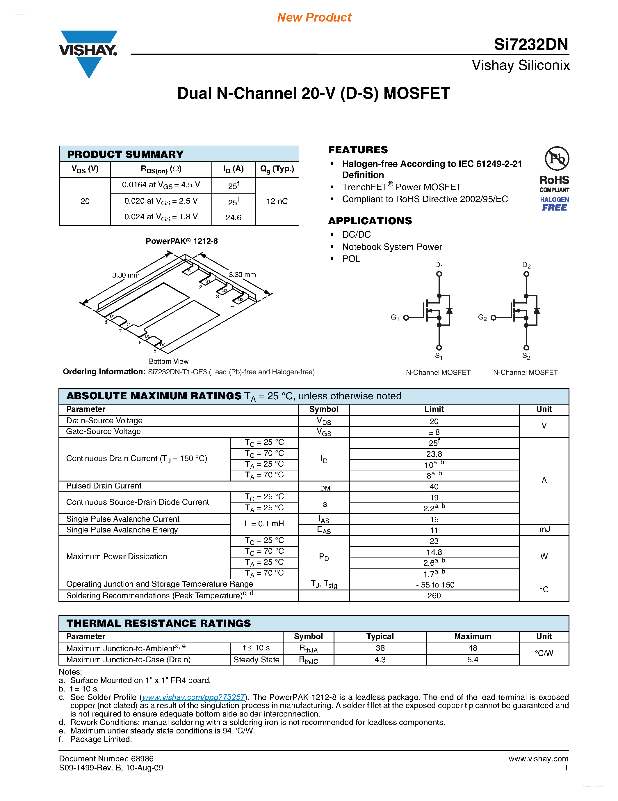 Даташит SI7232DN - Dual N-Channel 20-V (D-S) MOSFET страница 1