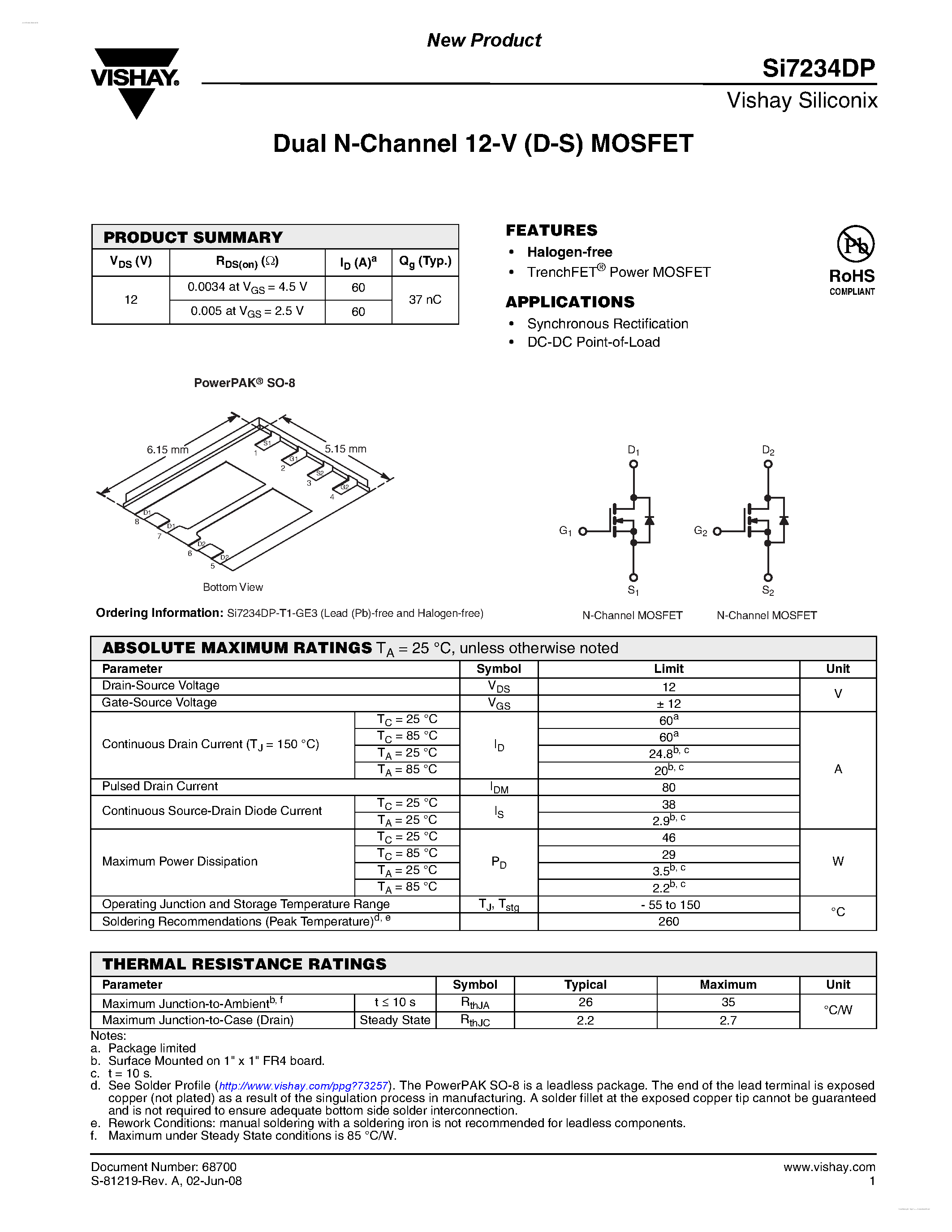 Даташит SI7234DP - Dual N-Channel 12-V (D-S) MOSFET страница 1