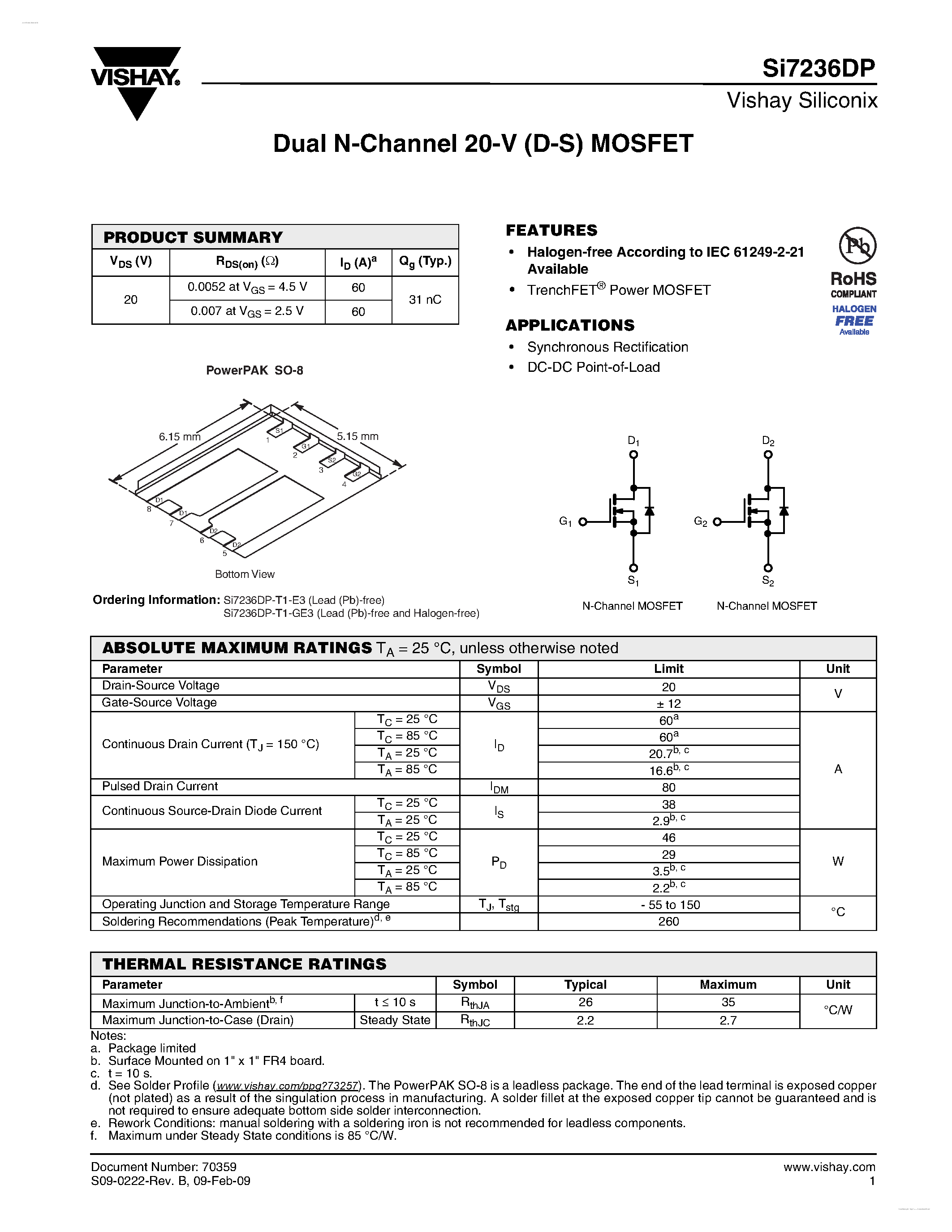 Даташит SI7236DP - Dual N-Channel 20-V (D-S) MOSFET страница 1