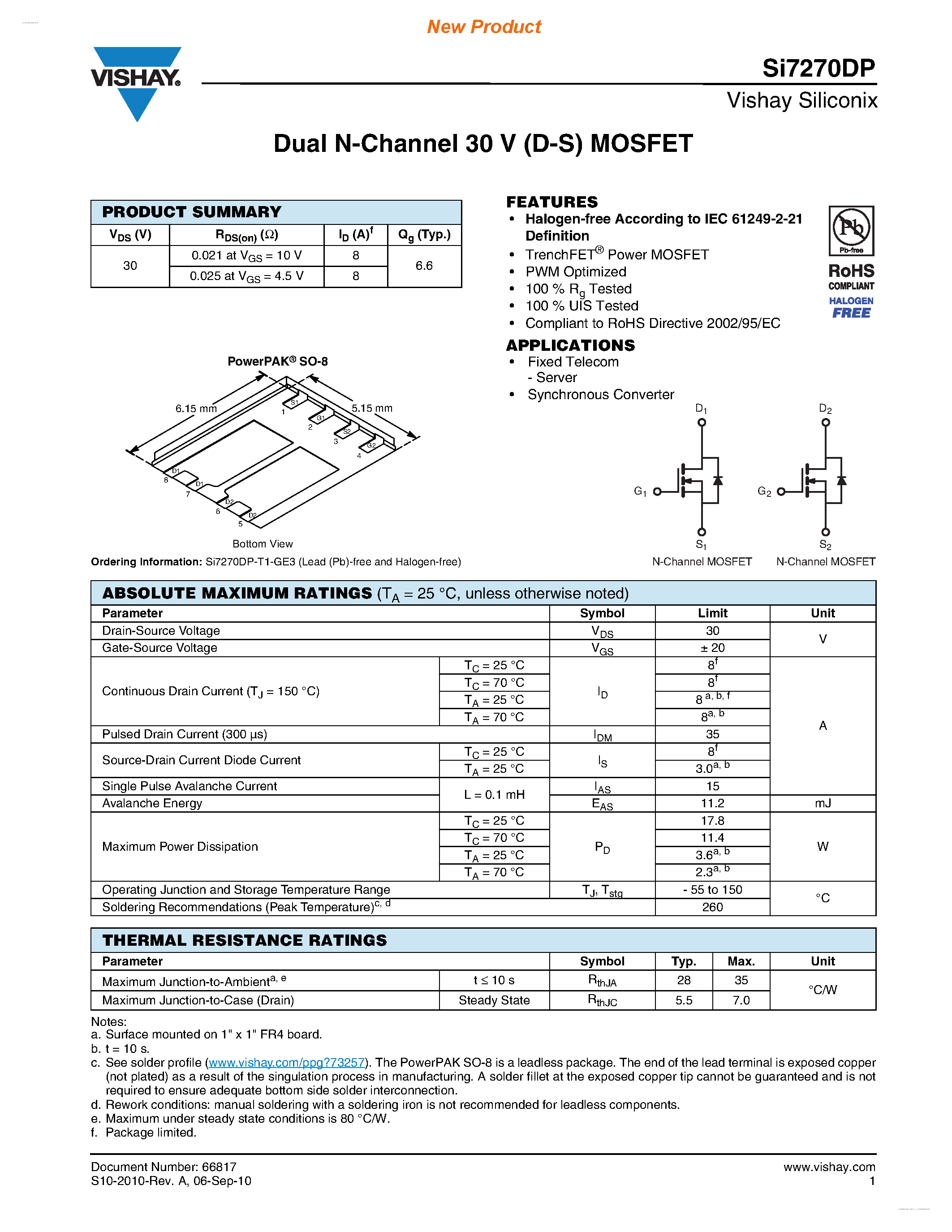 Даташит SI7270DP - Dual N-Channel 30 V (D-S) MOSFET страница 1