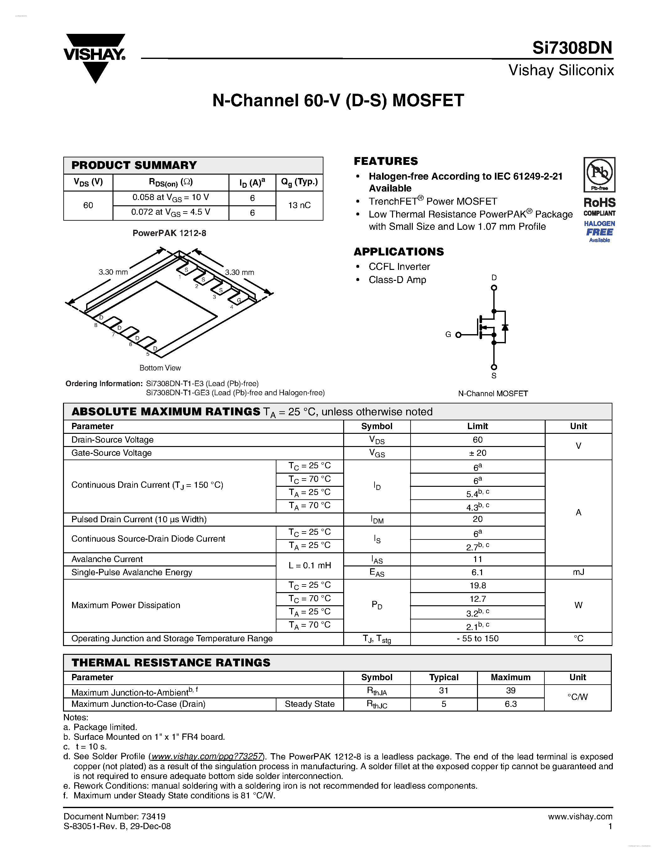 Даташит SI7308DN - N-Channel 60-V (D-S) MOSFET страница 1