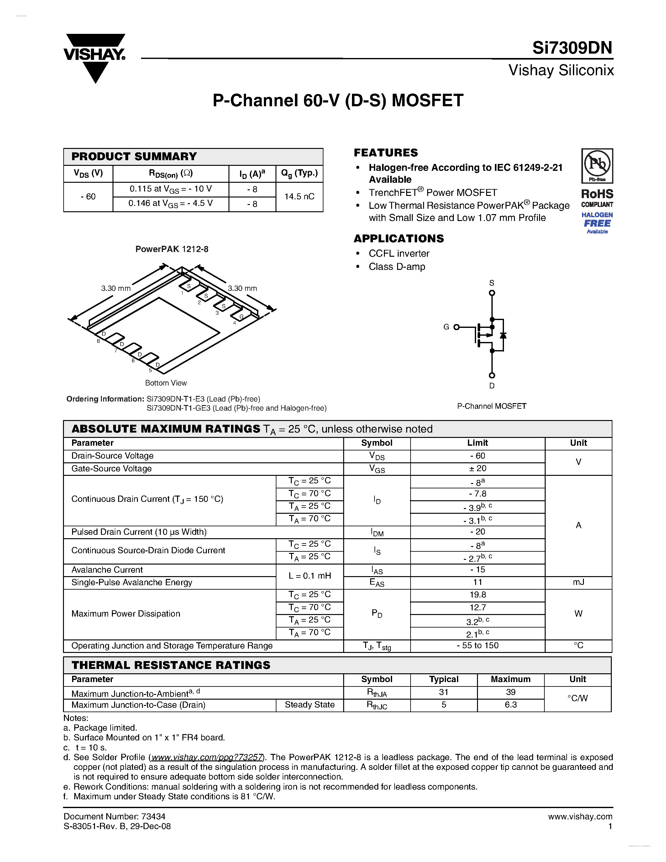 Даташит на микросхему SI7309DN страница 1 Даташит SI7309DN - P-Channel 60-V (D-S) MOSFET страница 1