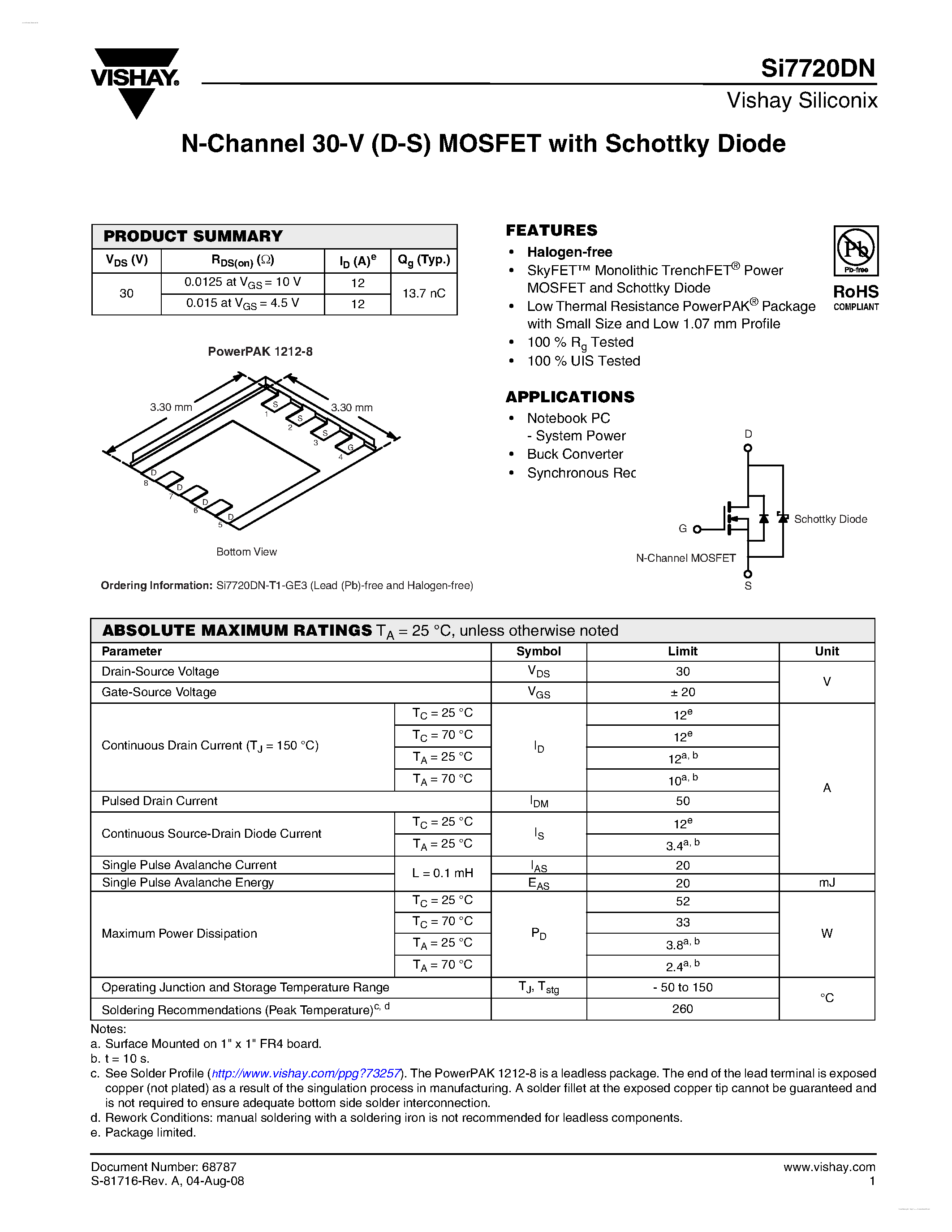 Даташит SI7720DN - N-Channel 30-V (D-S) MOSFET страница 1