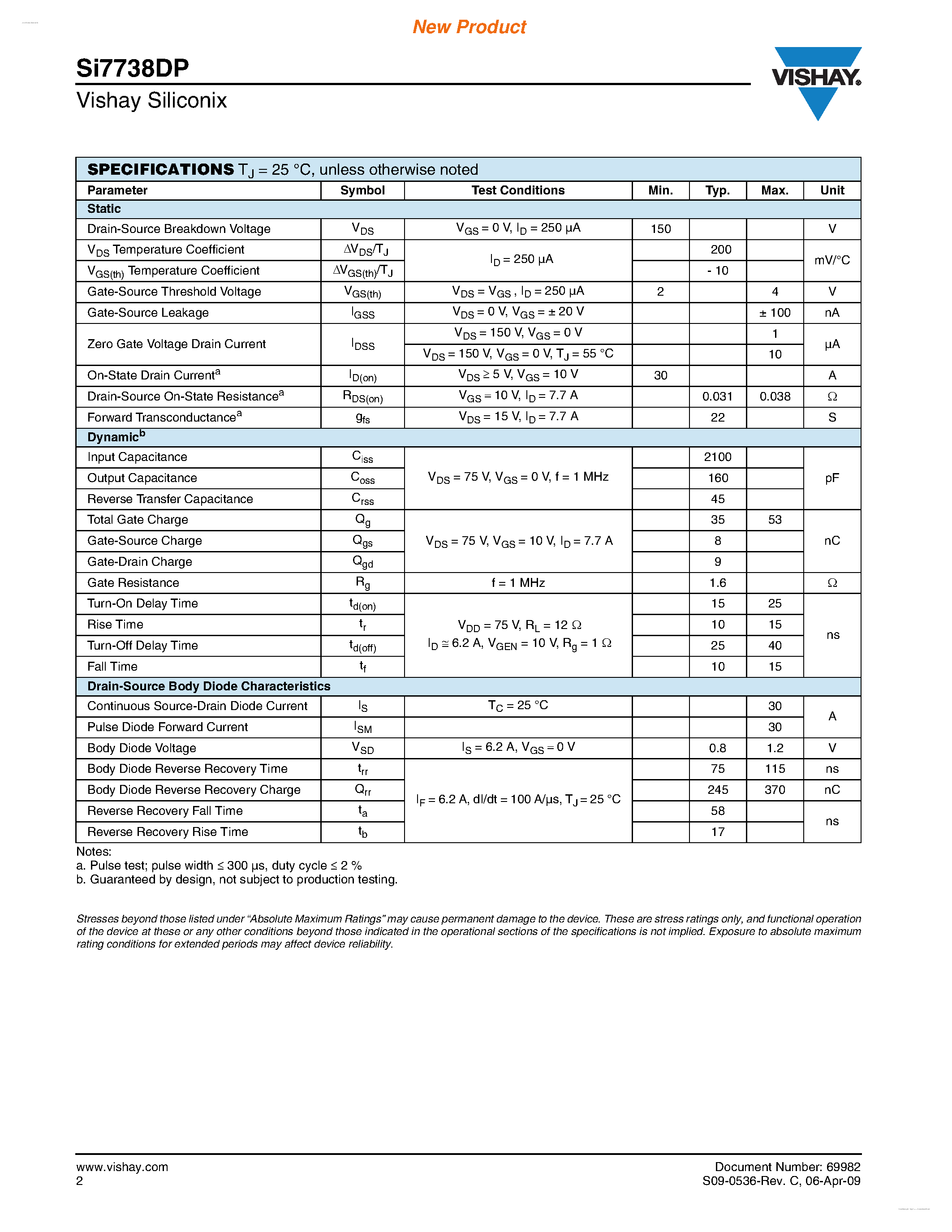 Даташит SI7738DP - Dual N-Channel 150-V (D-S) MOSFET страница 2
