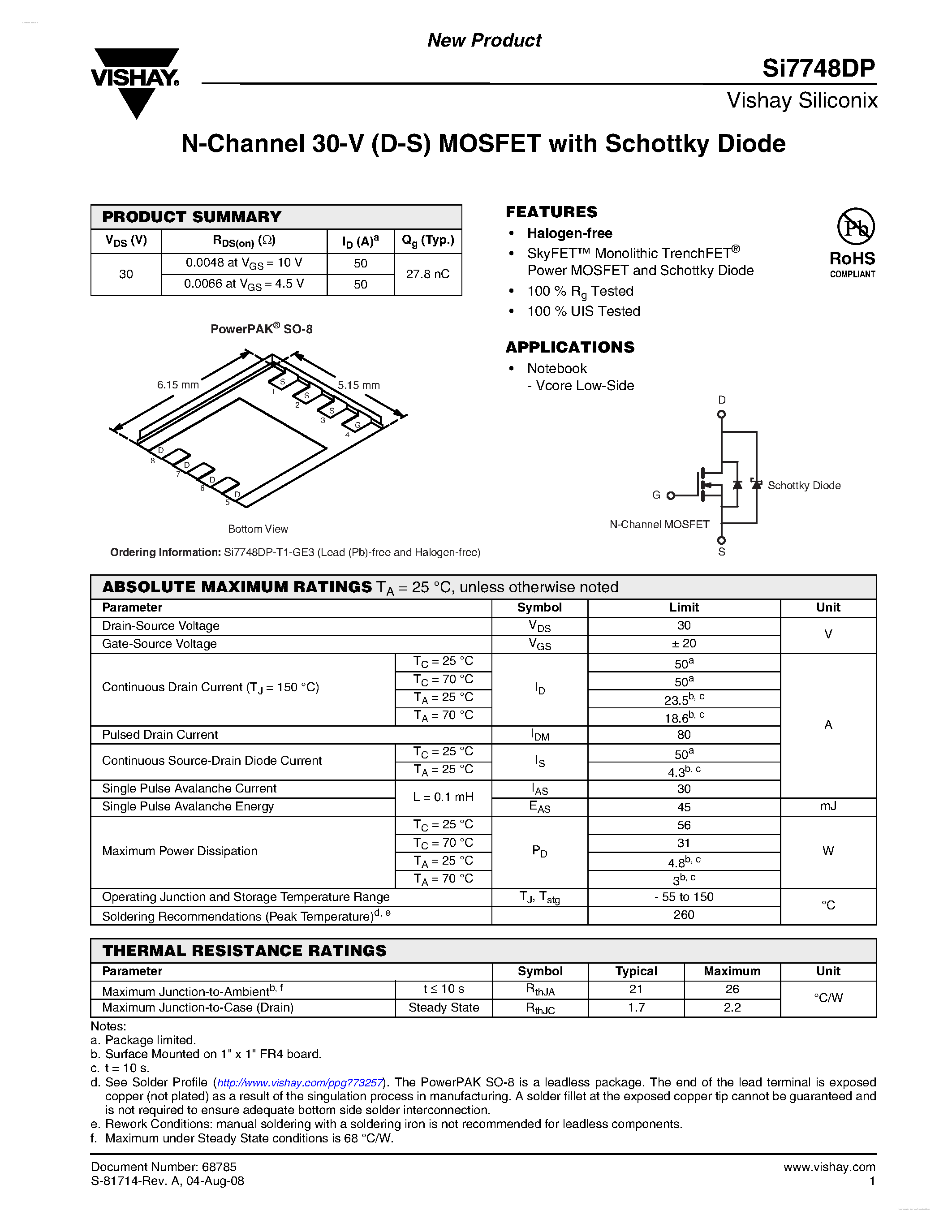 Даташит SI7748DP - N-Channel 30-V (D-S) MOSFET страница 1