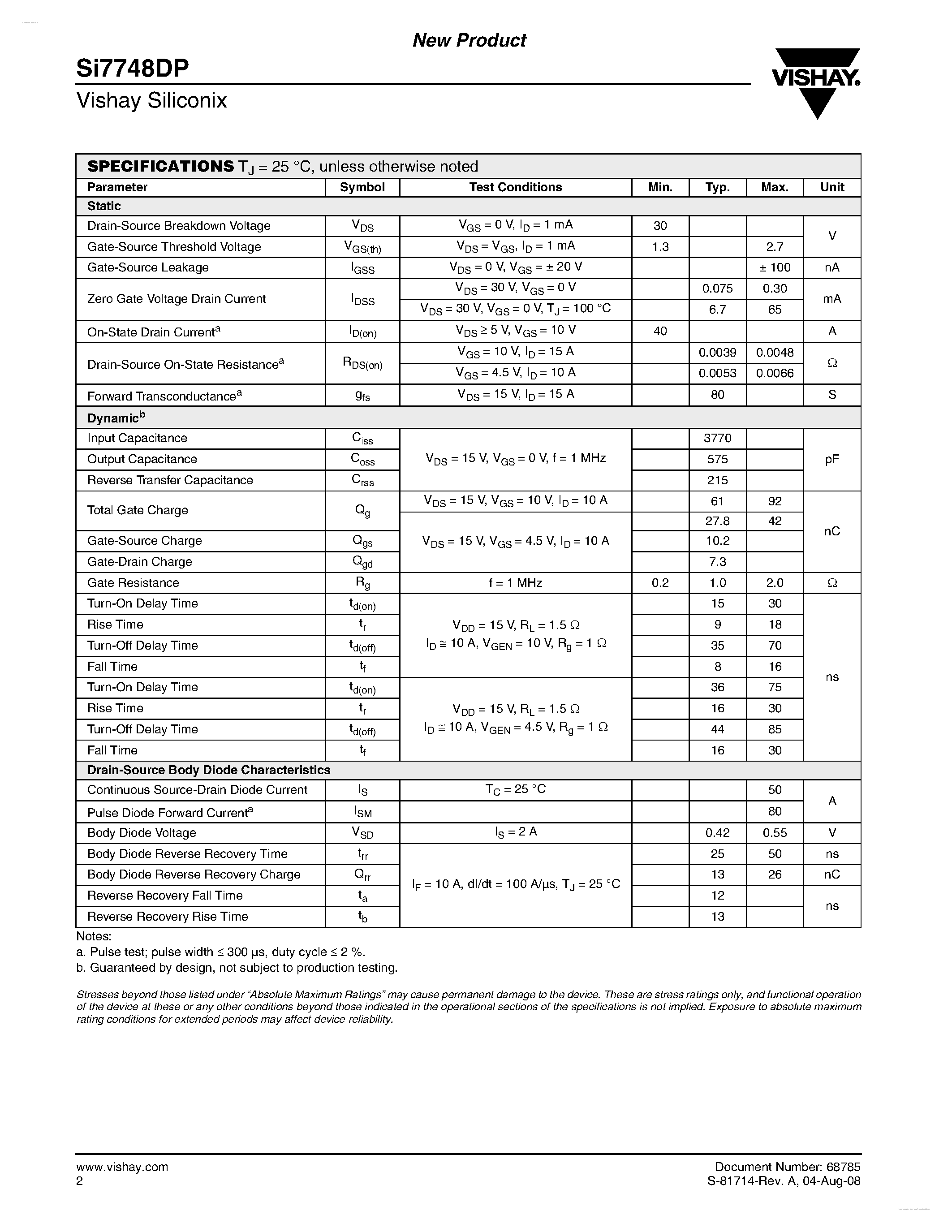 Даташит SI7748DP - N-Channel 30-V (D-S) MOSFET страница 2