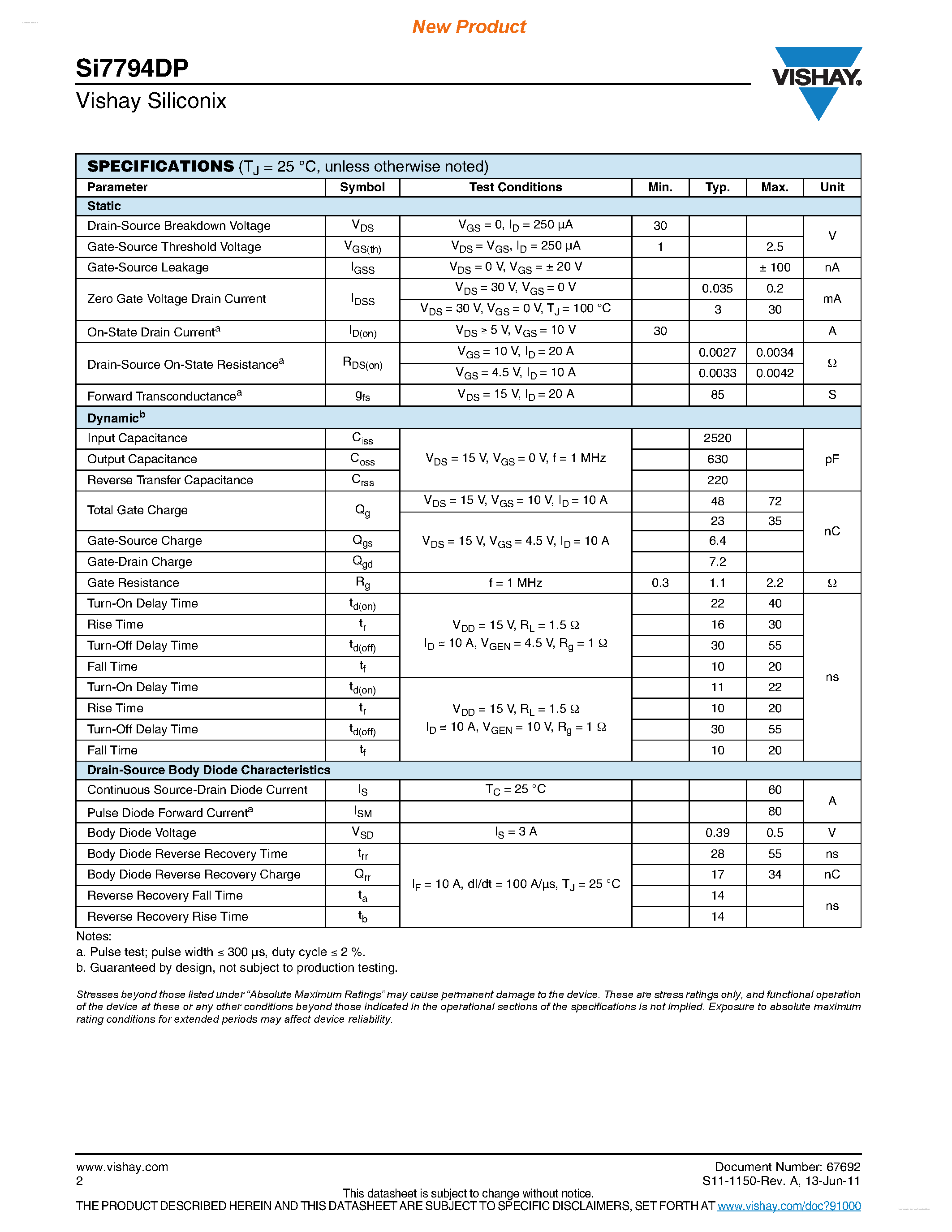 Даташит SI7794DP - N-Channel 30 V (D-S) MOSFET страница 2