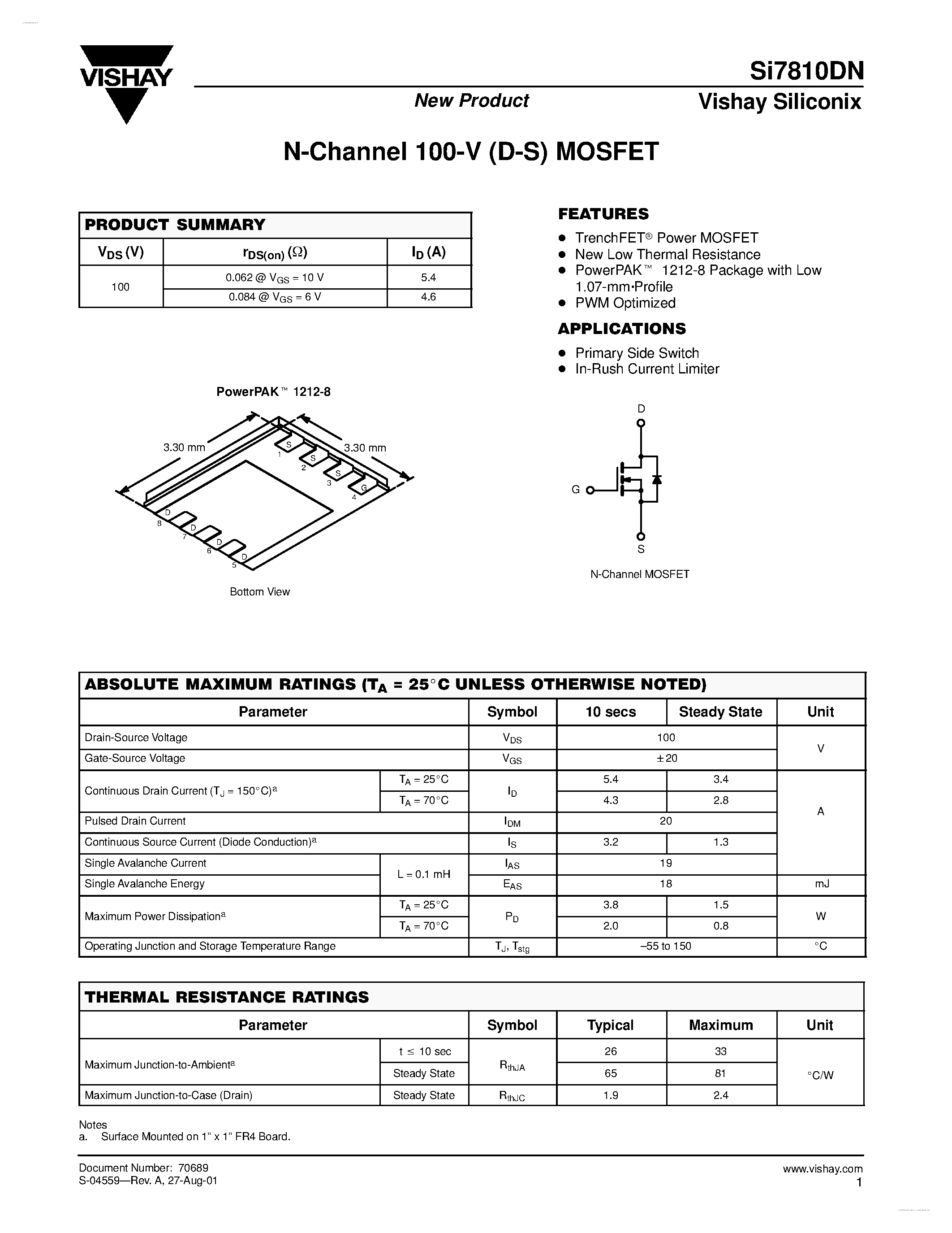 Даташит SI7810DN - N-Channel 100-V (D-S) MOSFET страница 1