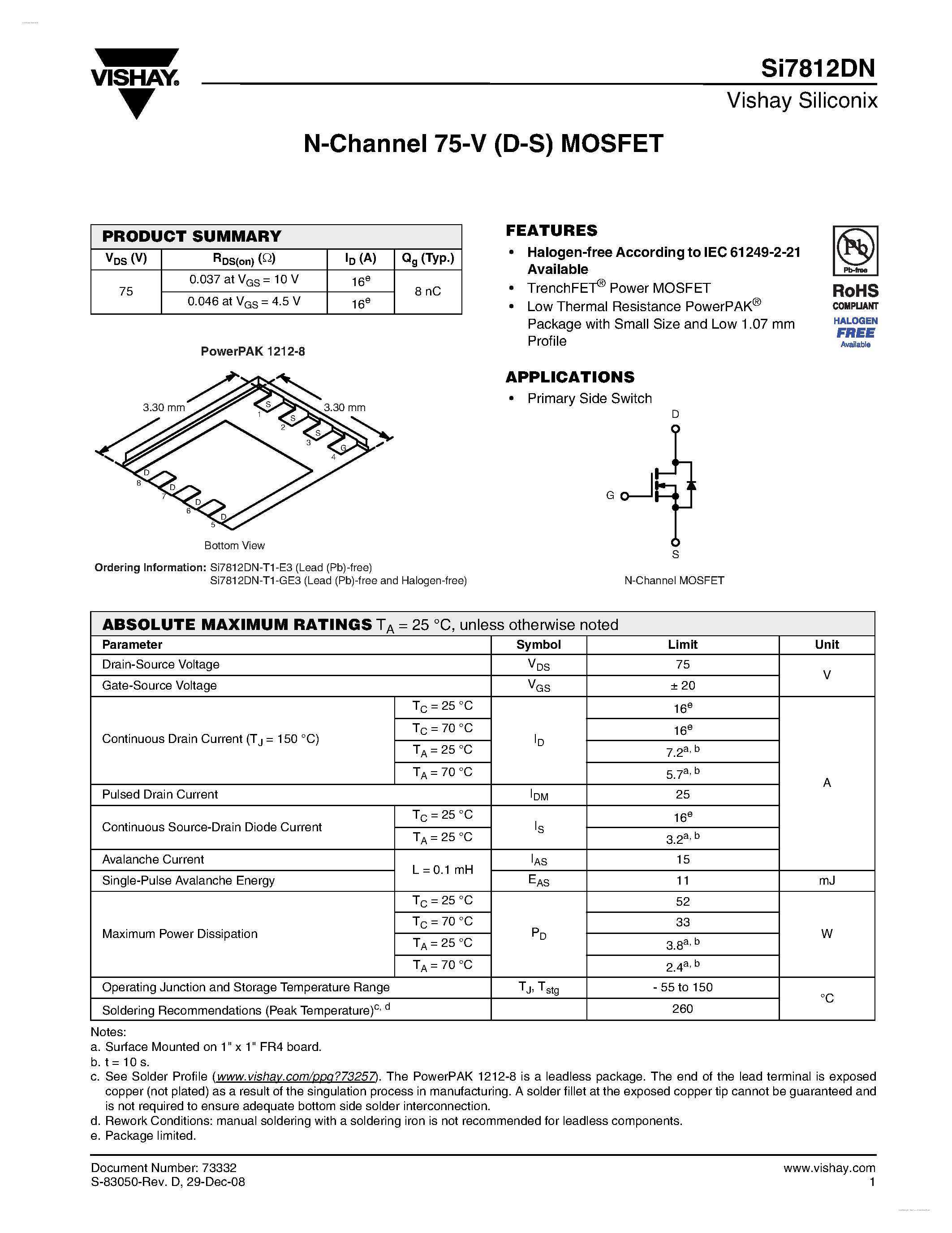 Даташит SI7812DN - N-Channel 75-V (D-S) MOSFET страница 1