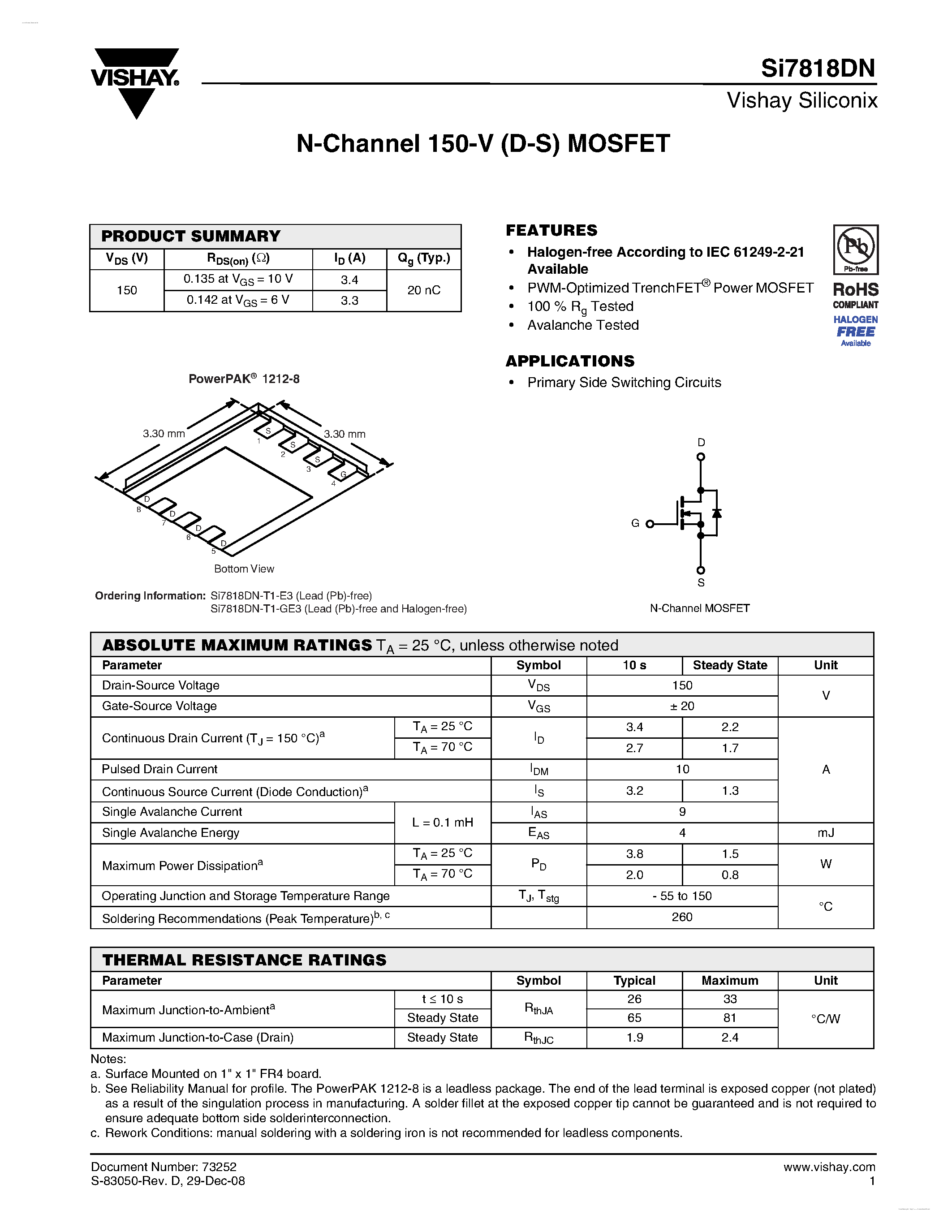 Даташит SI7818DN - N-Channel 150-V (D-S) MOSFET страница 1
