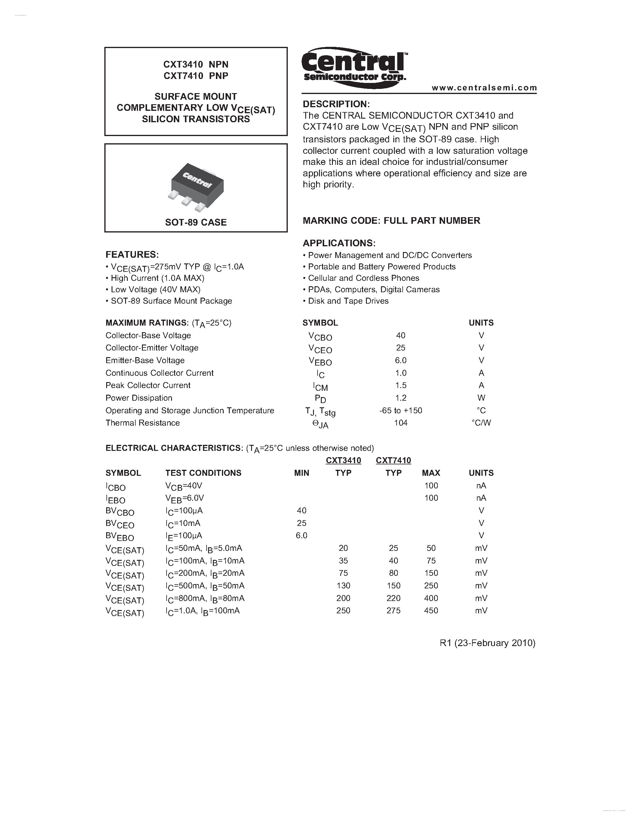 Даташит CXT7410 - (CXT3410 / CXT7410) SURFACE MOUNT COMPLEMENTARY LOW VCE(SAT) SILICON TRANSISTORS страница 1