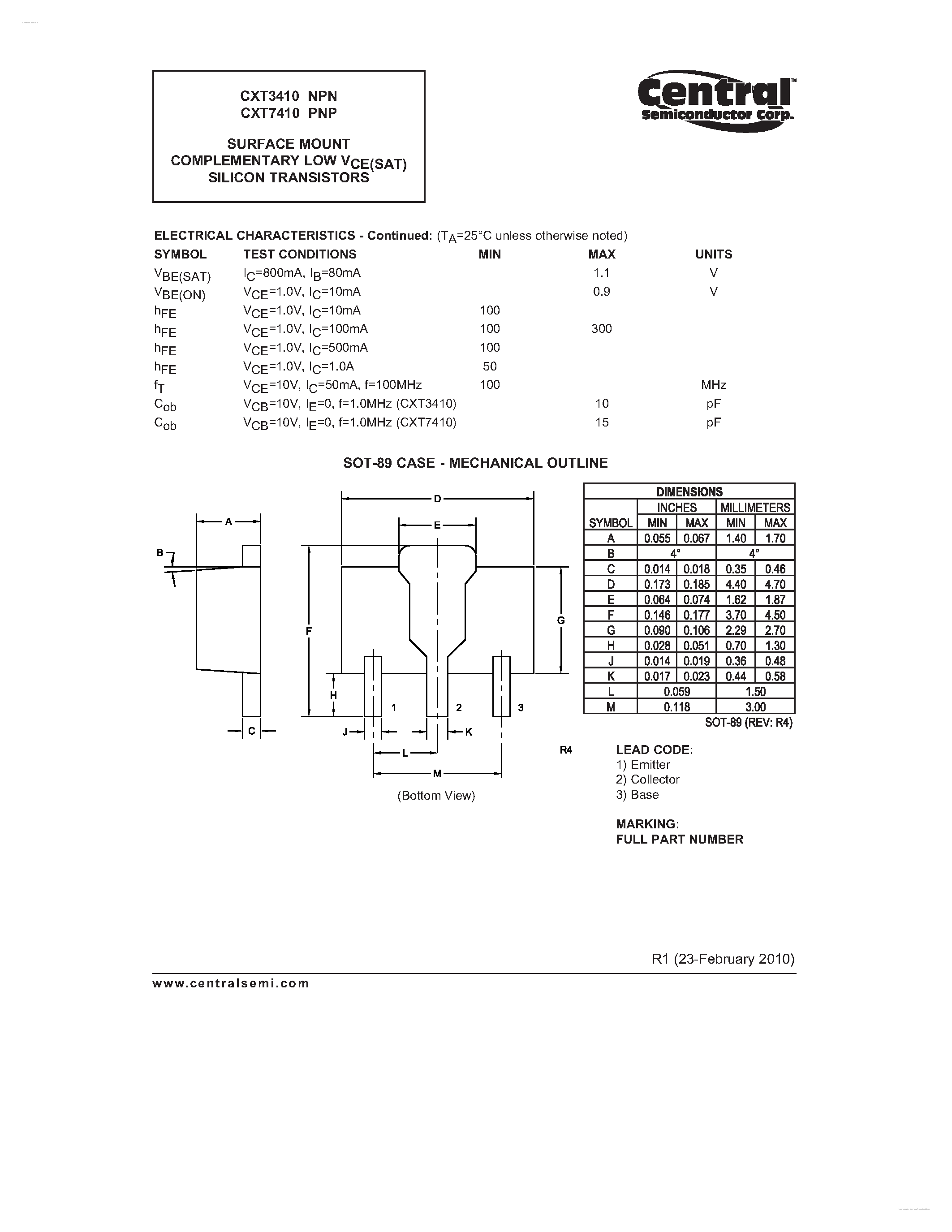 Даташит CXT7410 - (CXT3410 / CXT7410) SURFACE MOUNT COMPLEMENTARY LOW VCE(SAT) SILICON TRANSISTORS страница 2