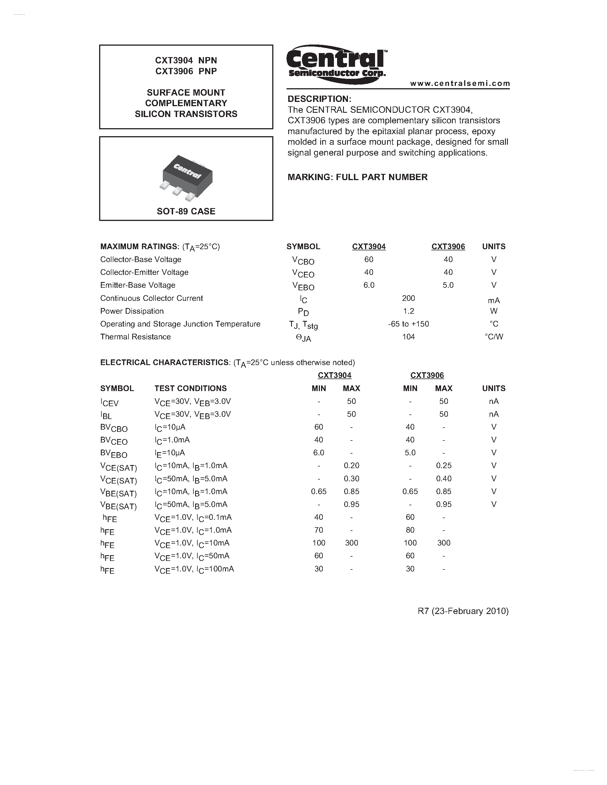 Даташит CXT3904 - (CXT3904 / CXT3906) SURFACE MOUNT COMPLEMENTARY SILICON TRANSISTORS страница 1
