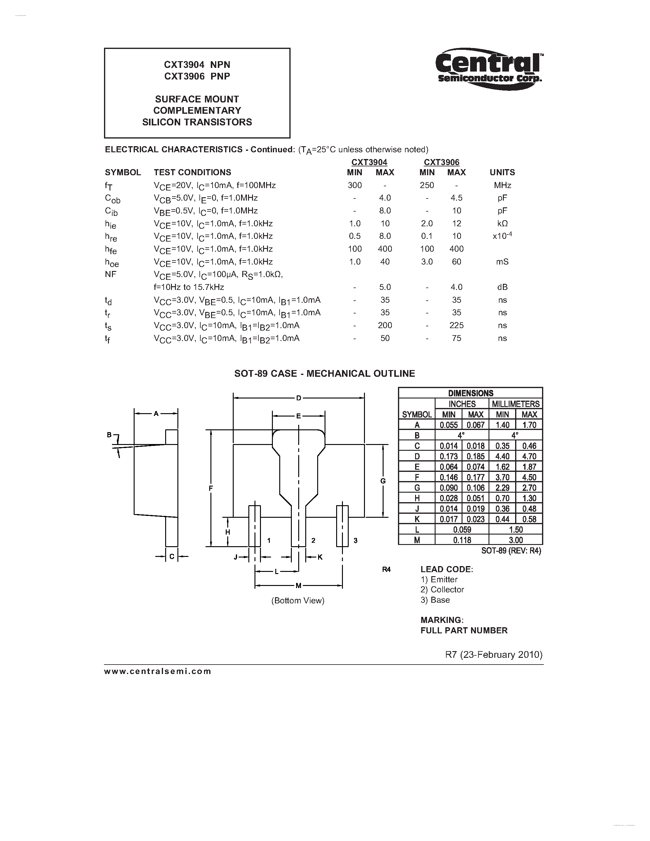 Даташит CXT3904 - (CXT3904 / CXT3906) SURFACE MOUNT COMPLEMENTARY SILICON TRANSISTORS страница 2