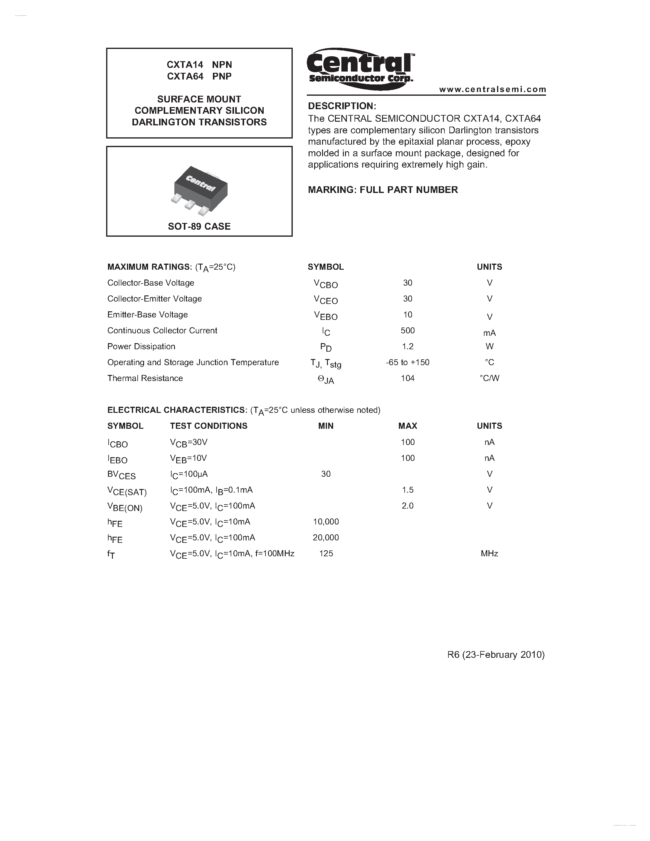 Даташит CXTA14 - (CXTA14 / CXTA64) SURFACE MOUNT COMPLEMENTARY SILICON DARLINGTON TRANSISTORS страница 1