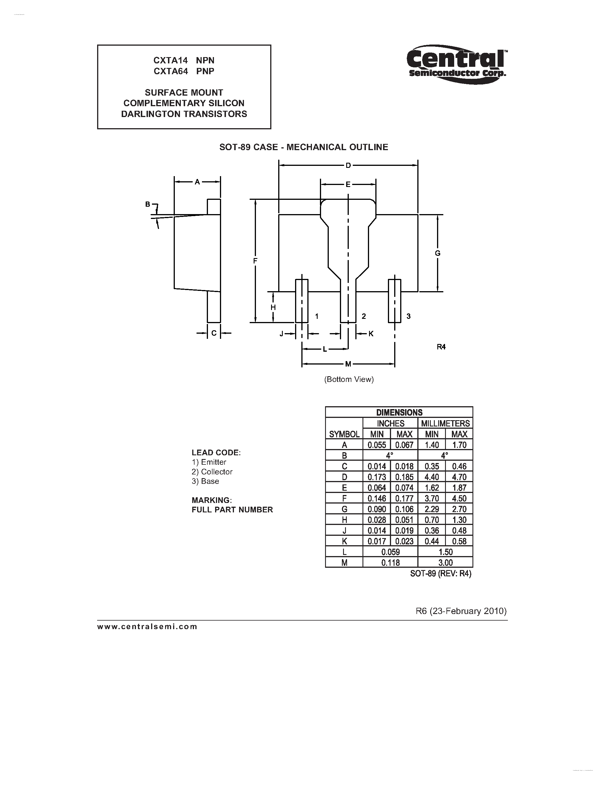 Даташит CXTA14 - (CXTA14 / CXTA64) SURFACE MOUNT COMPLEMENTARY SILICON DARLINGTON TRANSISTORS страница 2