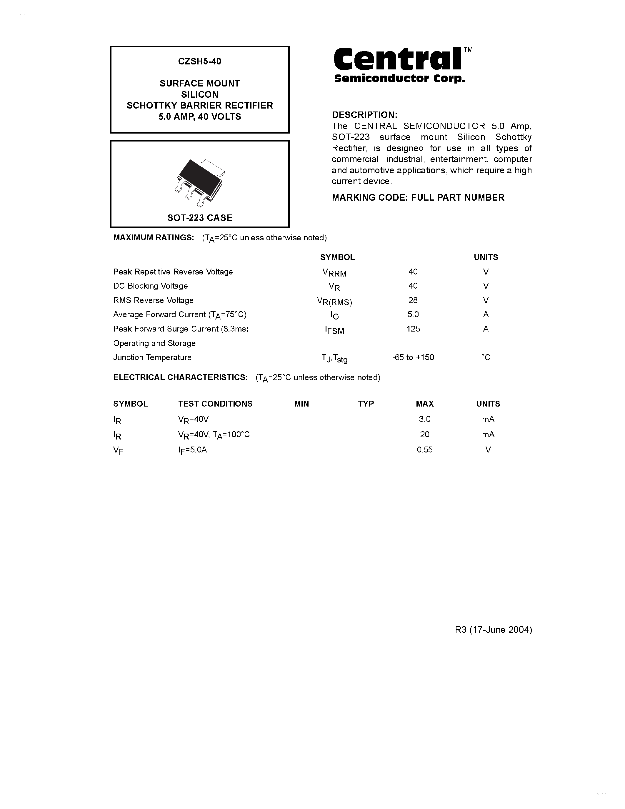 Datasheet CZSH5-40 page 1 Datasheet CZSH5-40 - SURFACE MOUNT SILICON SCHOTTKY BARRIER RECTIFIER page 1