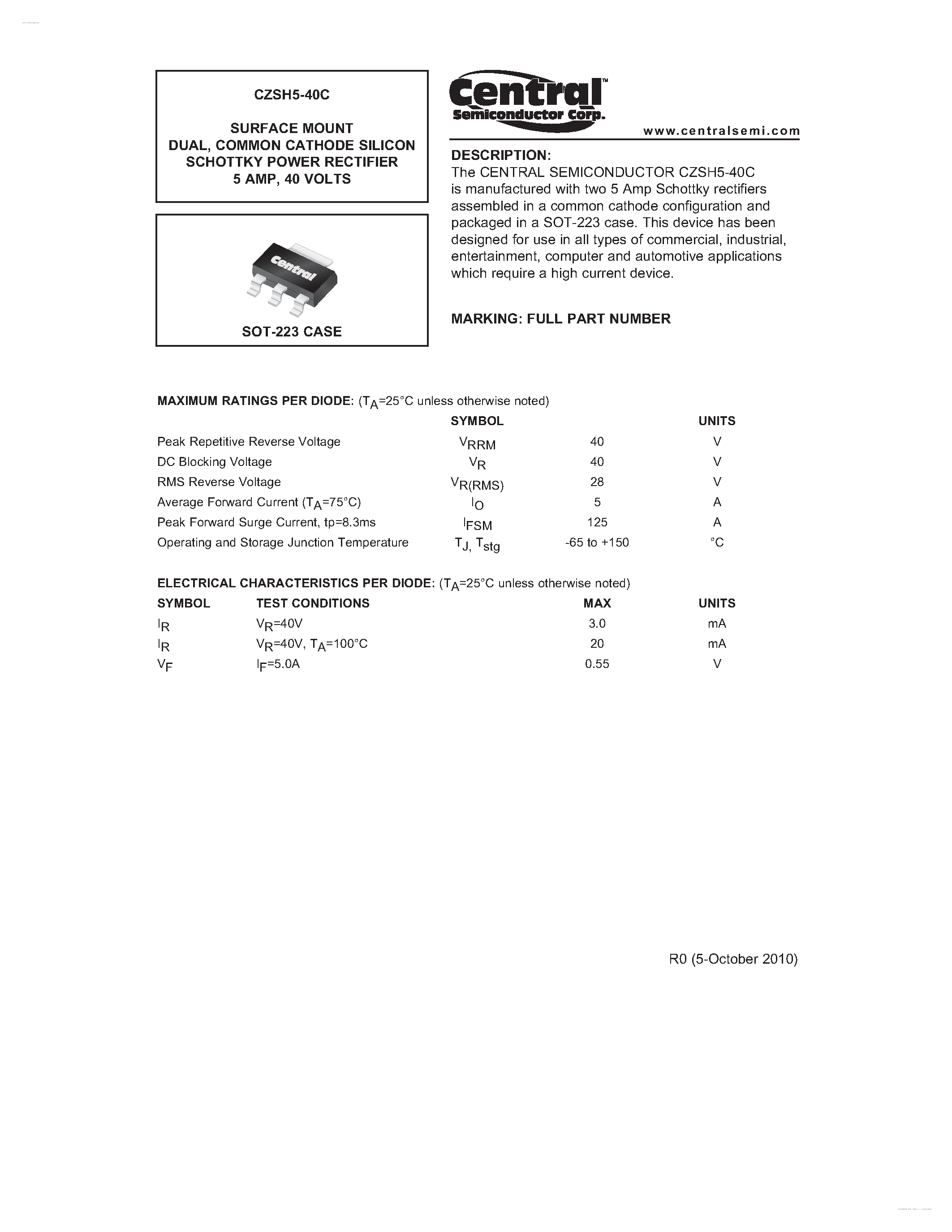 Datasheet CZSH5-40C page 1 Datasheet CZSH5-40C - SURFACE MOUNT SILICON SCHOTTKY BARRIER RECTIFIER page 1