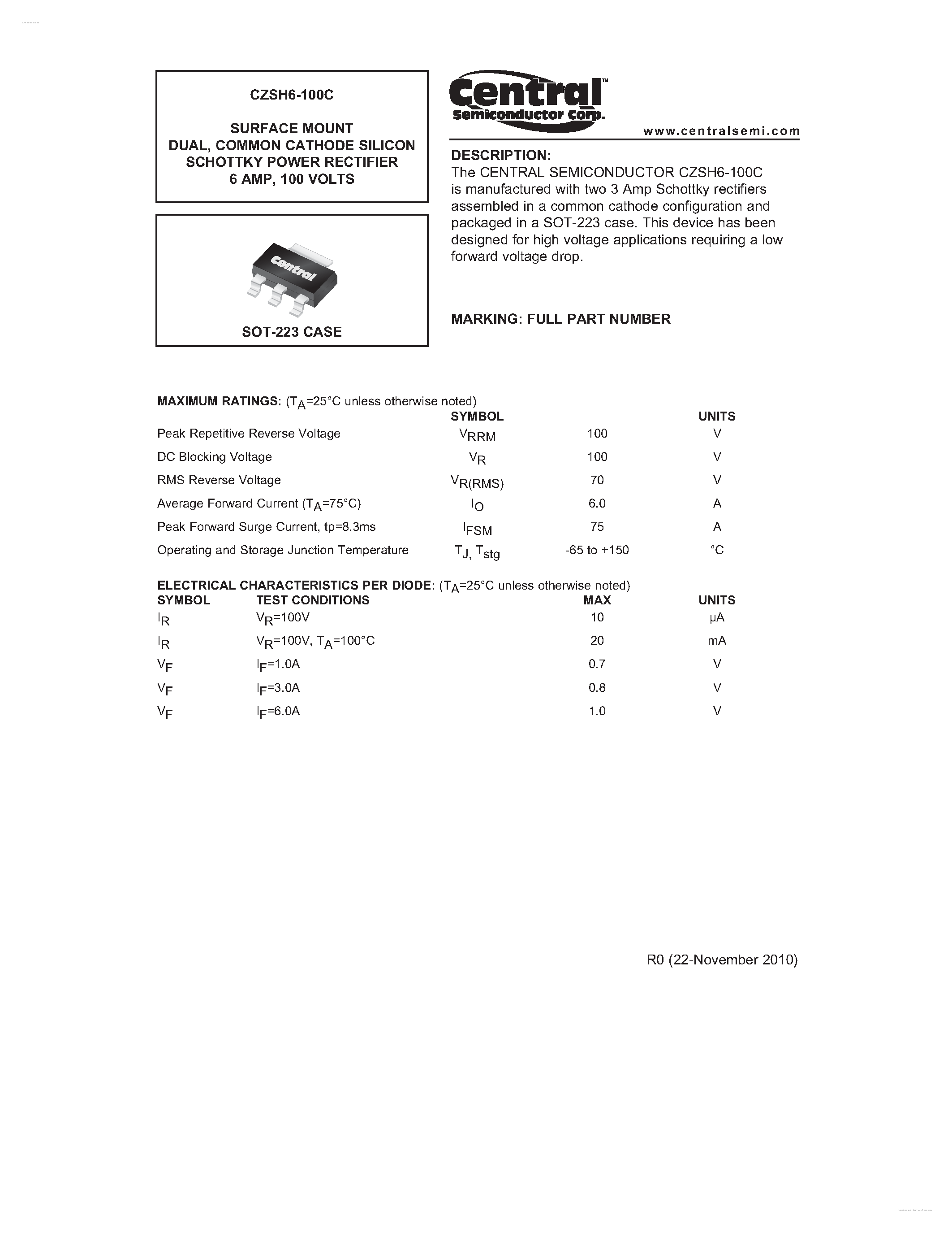 Datasheet CZSH6-100C - COMMON CATHODE SILICON SCHOTTKY POWER RECTIFIER page 1