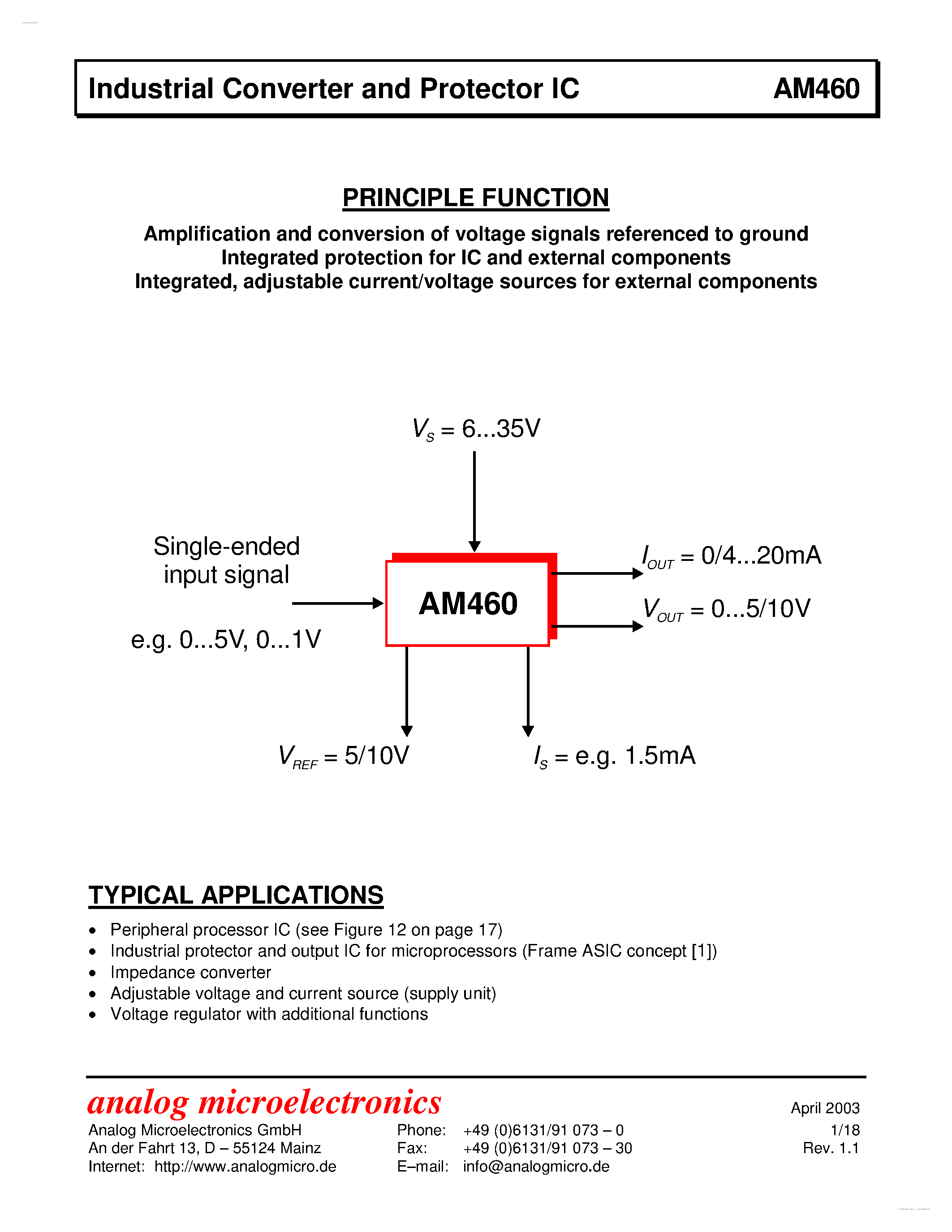 Datasheet AM460 - Industrial Converter and Protector IC page 1