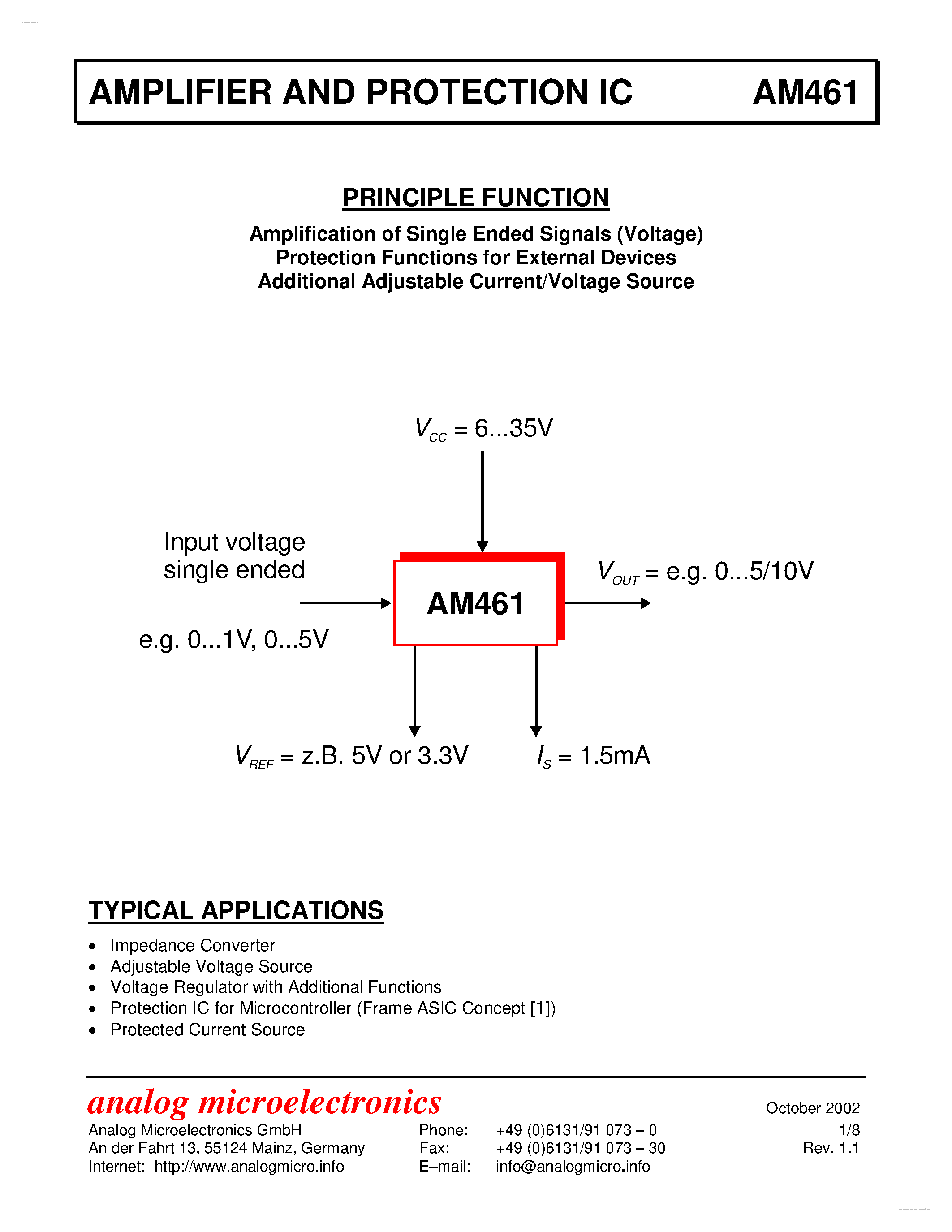 Даташит на микросхему AM461 страница 1 Даташит AM461 - AMPLIFIER AND PROTECTION IC страница 1