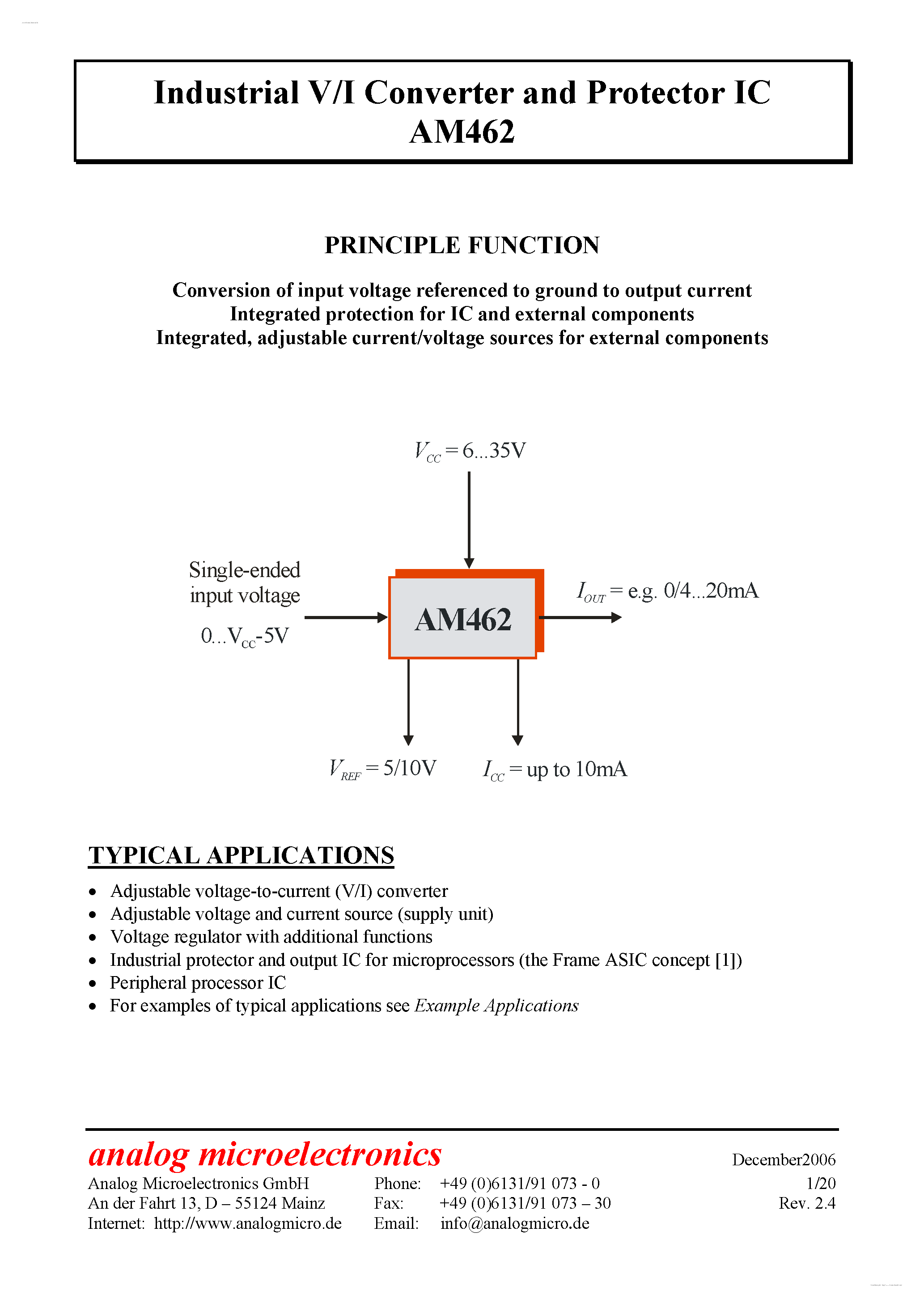 Даташит на микросхему AM462 страница 1 Даташит AM462 - Industrial V/I Converter and Protector IC страница 1