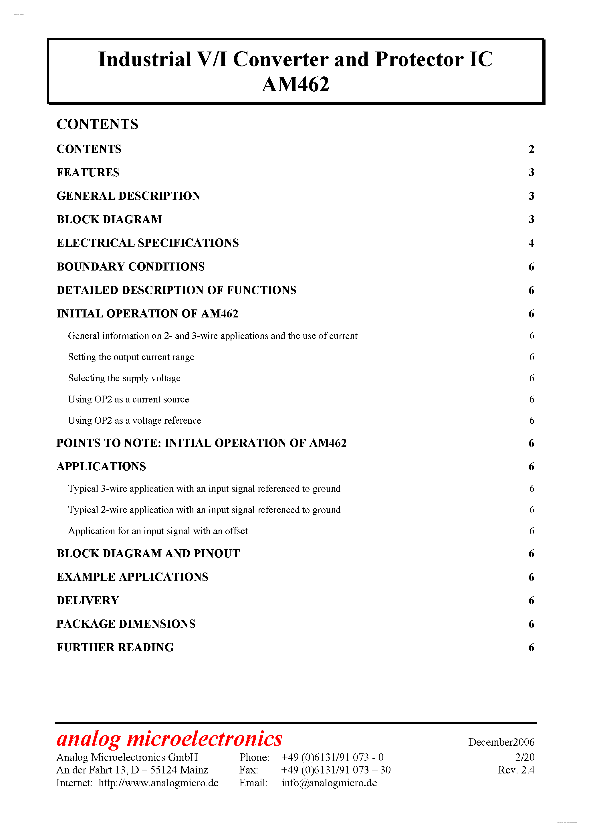 Даташит на микросхему AM462 страница 2 Даташит AM462 - Industrial V/I Converter and Protector IC страница 2