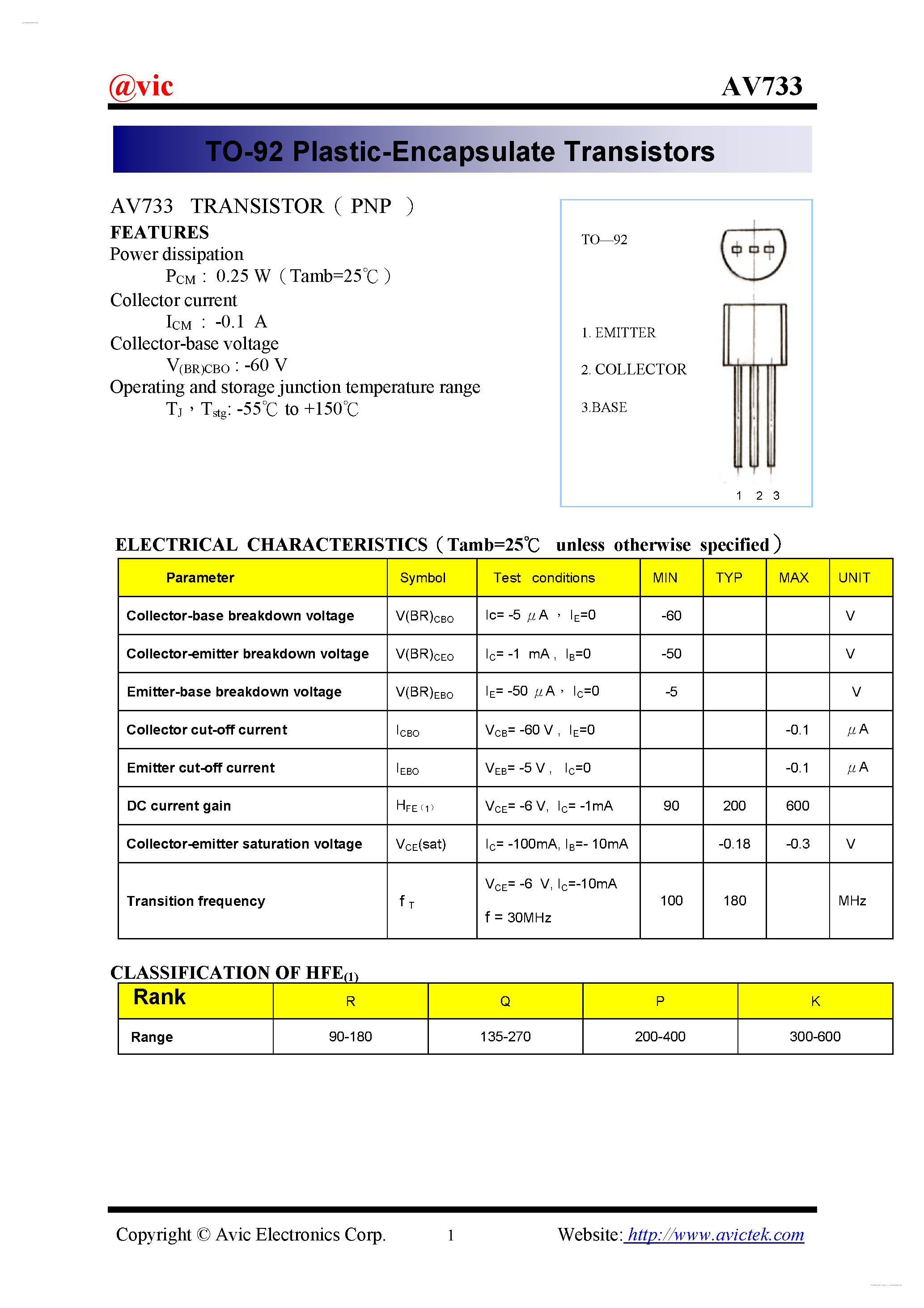 Даташит AV733 - TO-92 Plastic-Encapsulate Transistors страница 1