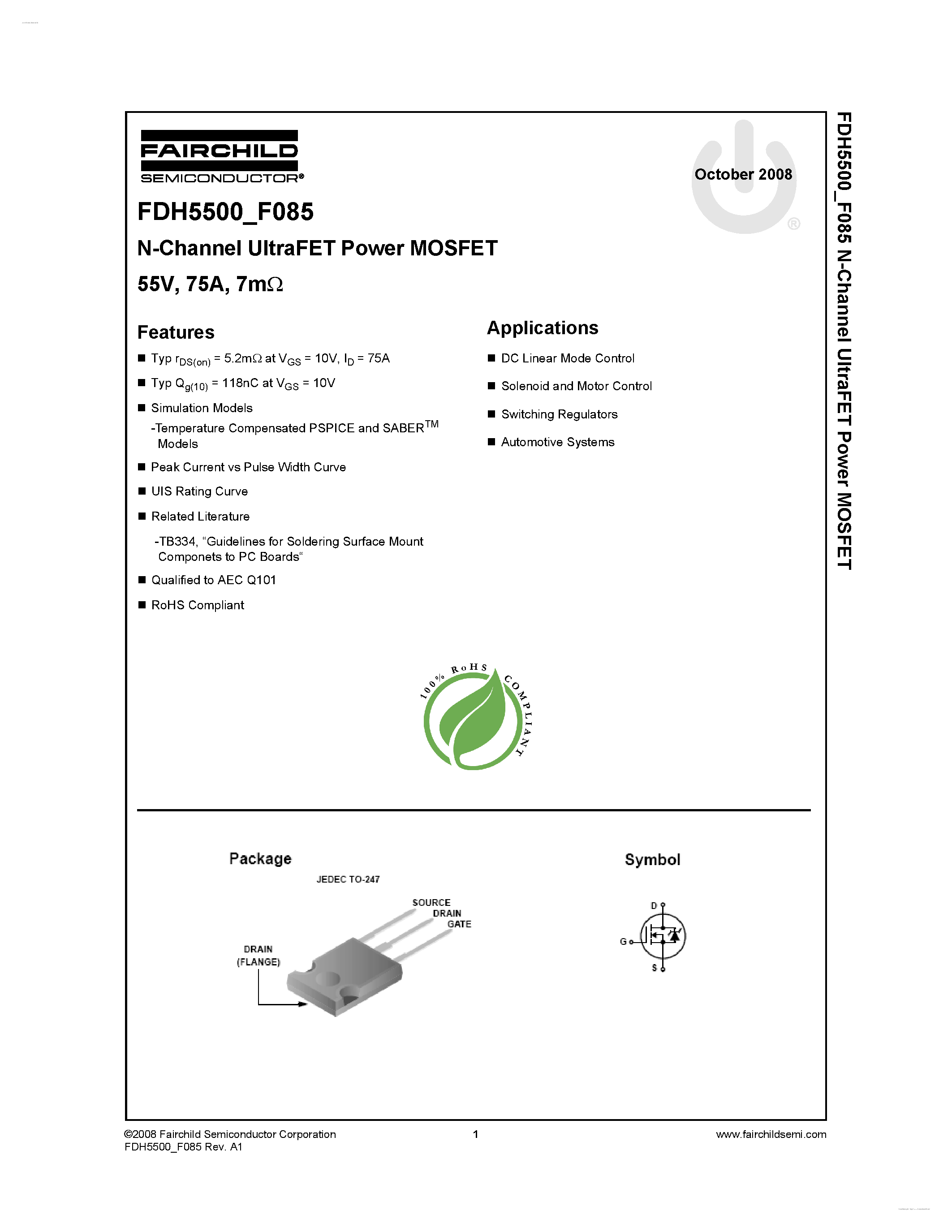 Datasheet FDH5500_F085 - N-Channel UltraFET Power MOSFET page 1